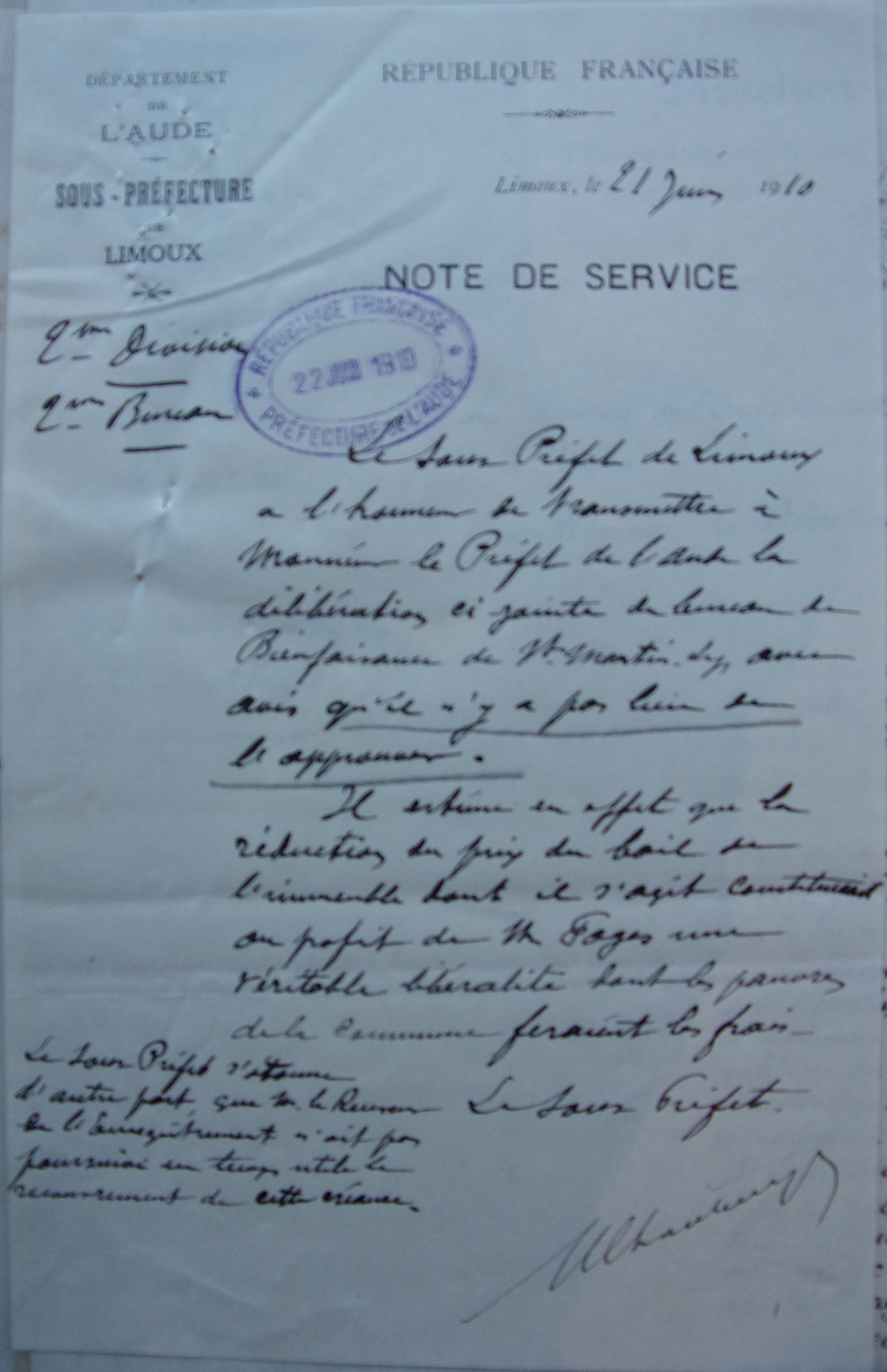 21 juin 1910 - Note de service du Sous-Préfet à Préfet - avis défavorable à la proposition du Bureau de bienfaisance de baisser le loyer de la maison appartenant au bureau