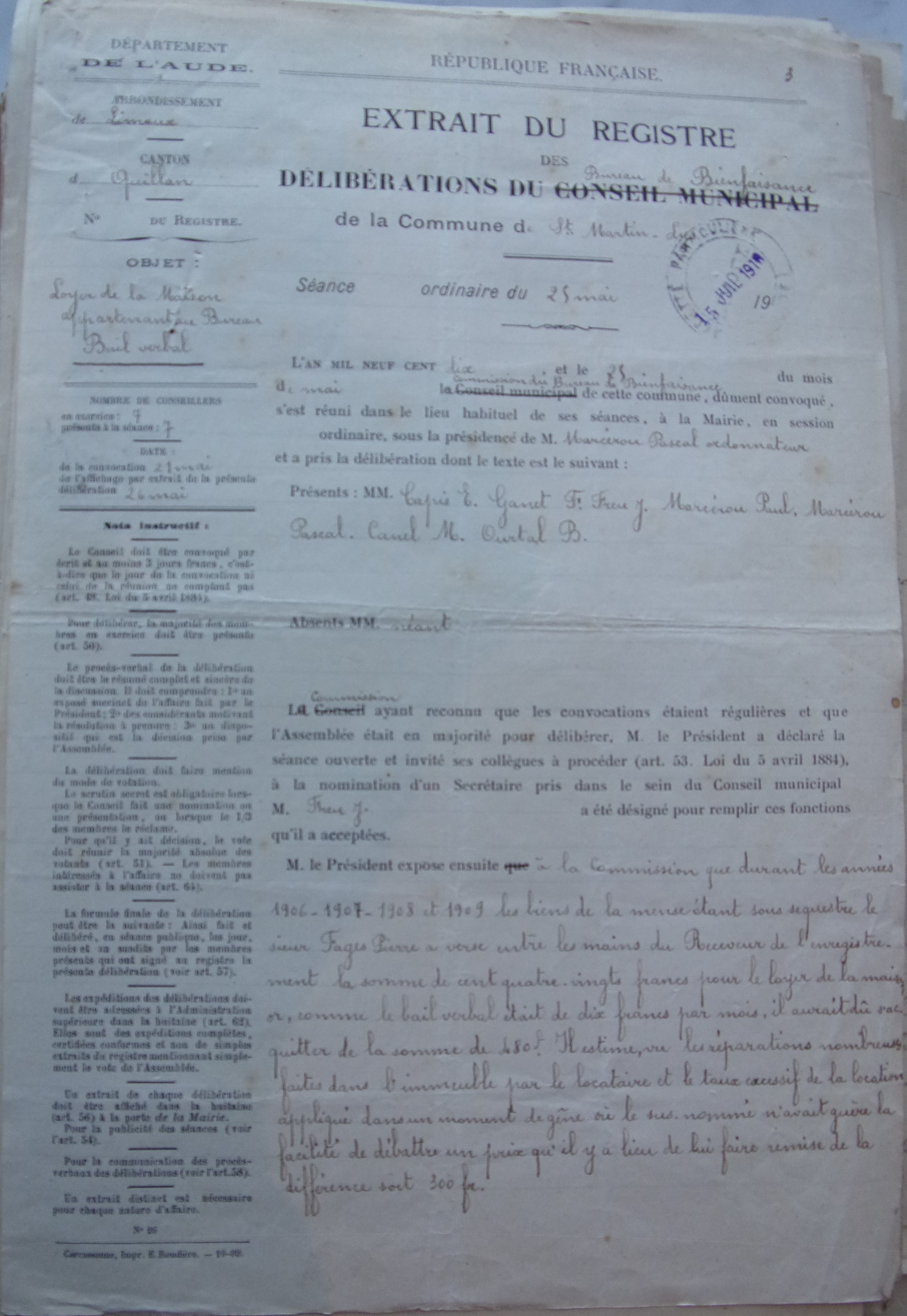 25 juin 1910 - Délibération du bureau de bienfaisance - fixant le loyer de la maison lui appartenant p1 v2