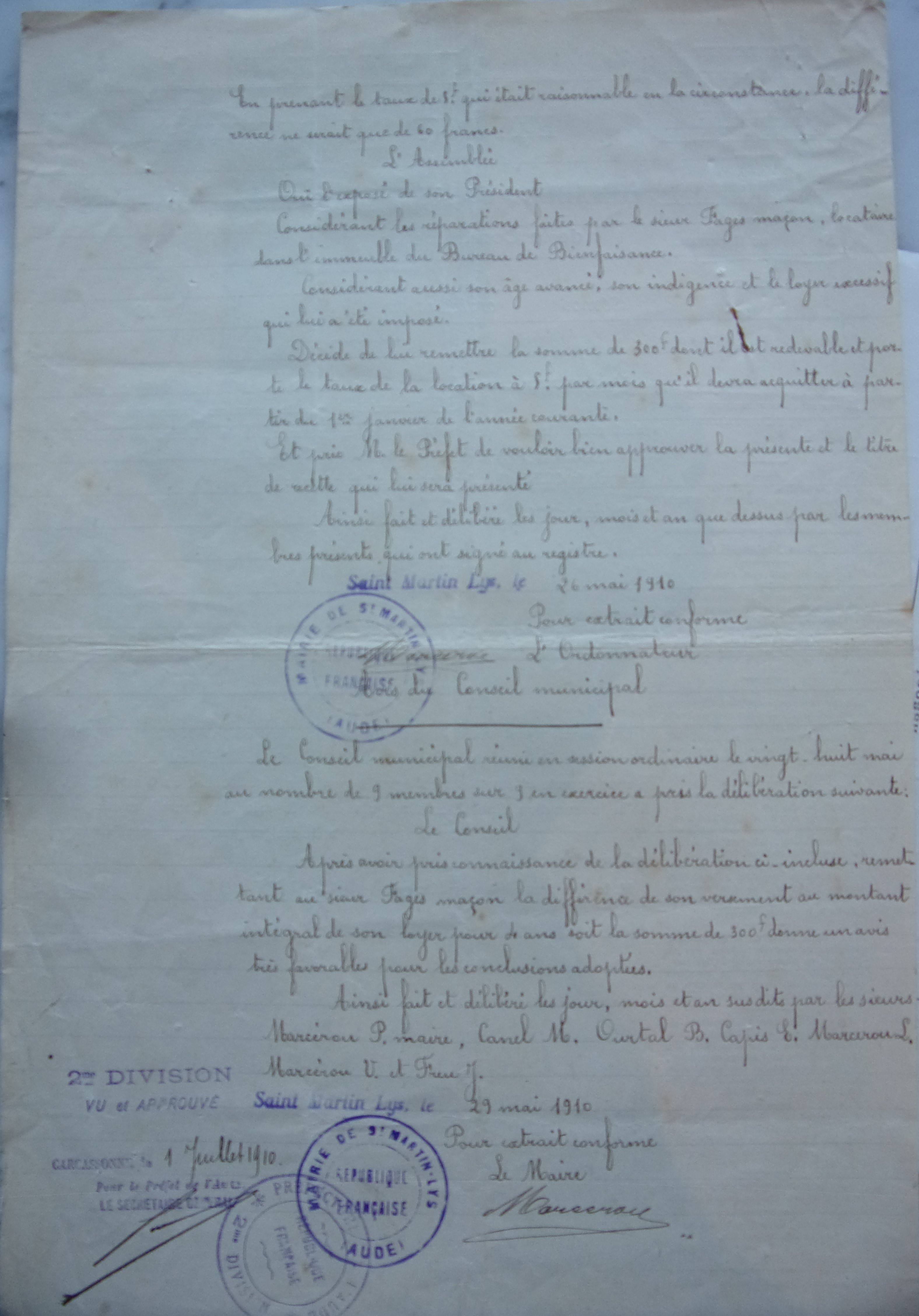 25 juin 1910 - Délibération du bureau de bienfaisance - fixant le loyer de la maison lui appartenant p2 v2