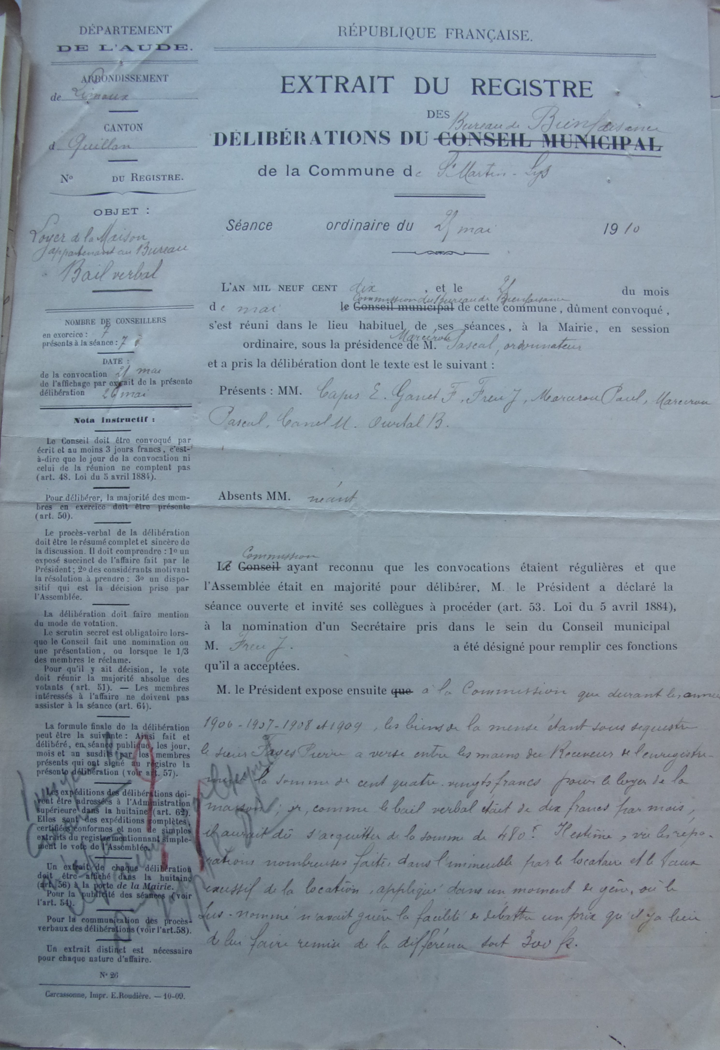 25 juin 1910 - Délibération du bureau de bienfaisance - fixant le loyer de la maison lui appartenant p1 v1