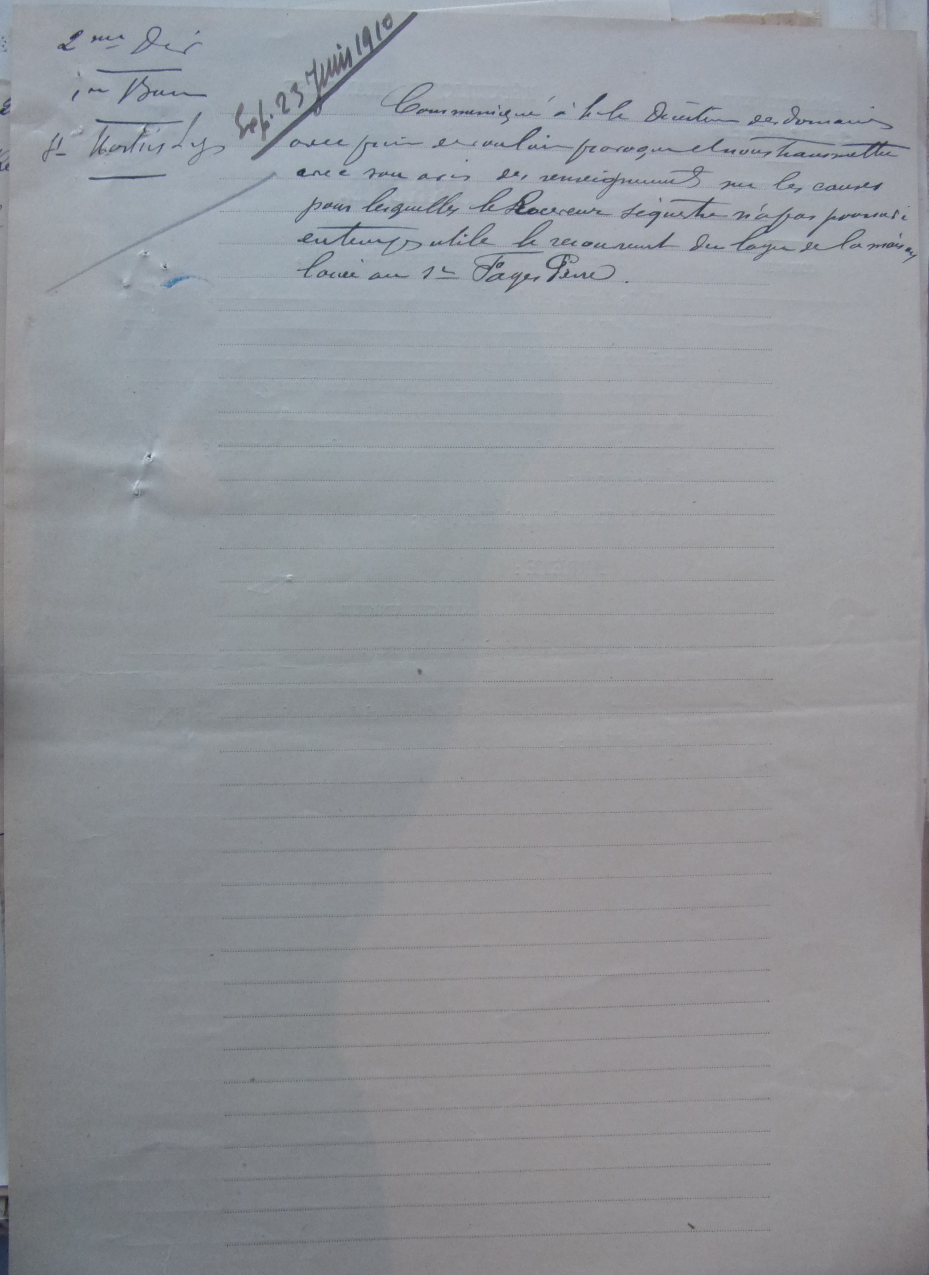 23 juin 1910 - Transmission par la préfecture de la délibération du bureau de bienfaisance au directeur des domaines v1