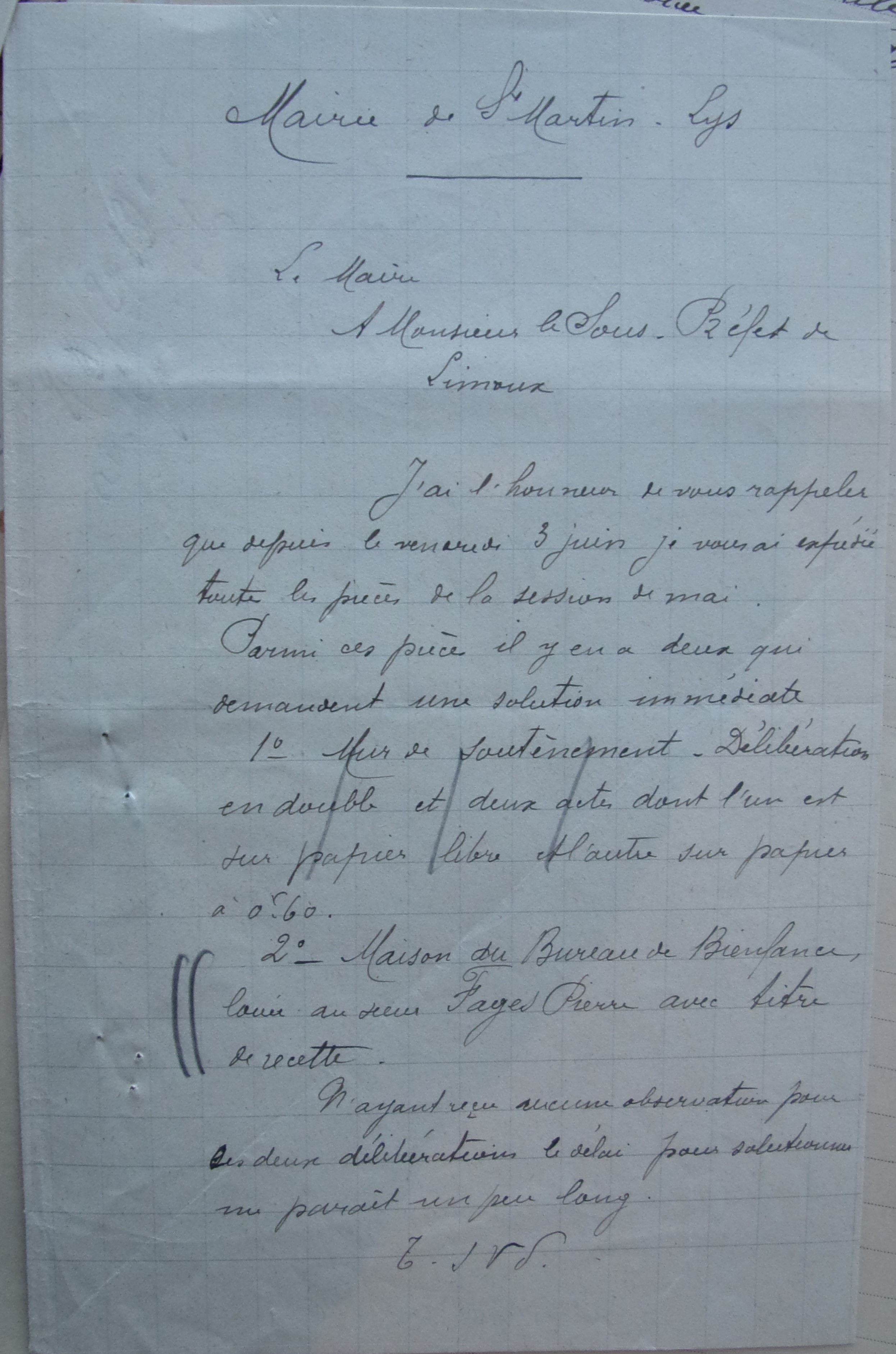 24 juin 1910 - Courrier du maire au Sous-Préfet - questions sur maison du bureau de bienfaisance p1
