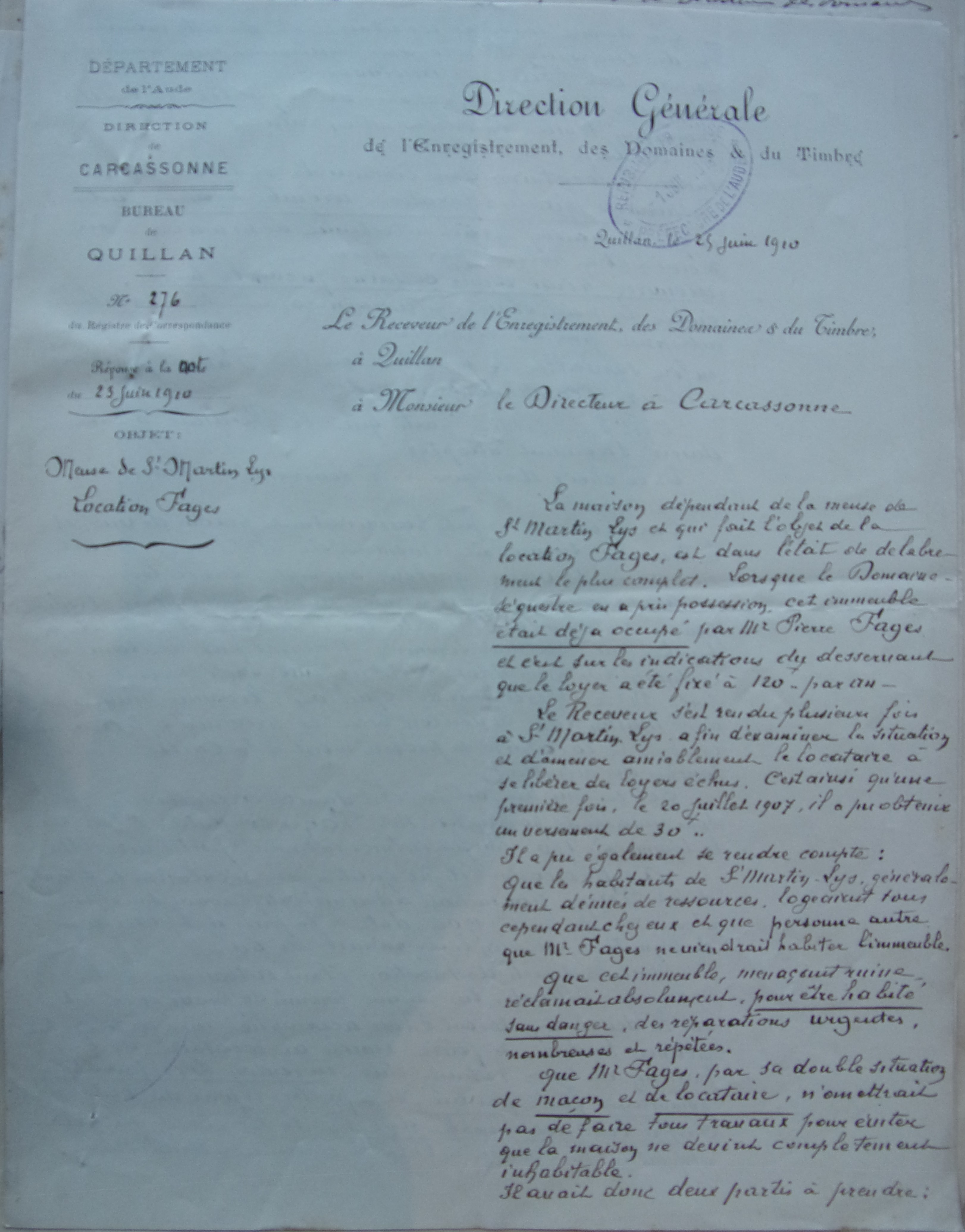 25 juin 1910 - Réponse du receveur des domaines de Quillan à son directeur de Carcassonne - Point sur la situation de la location de la maison du bureau de bienfaisance p1