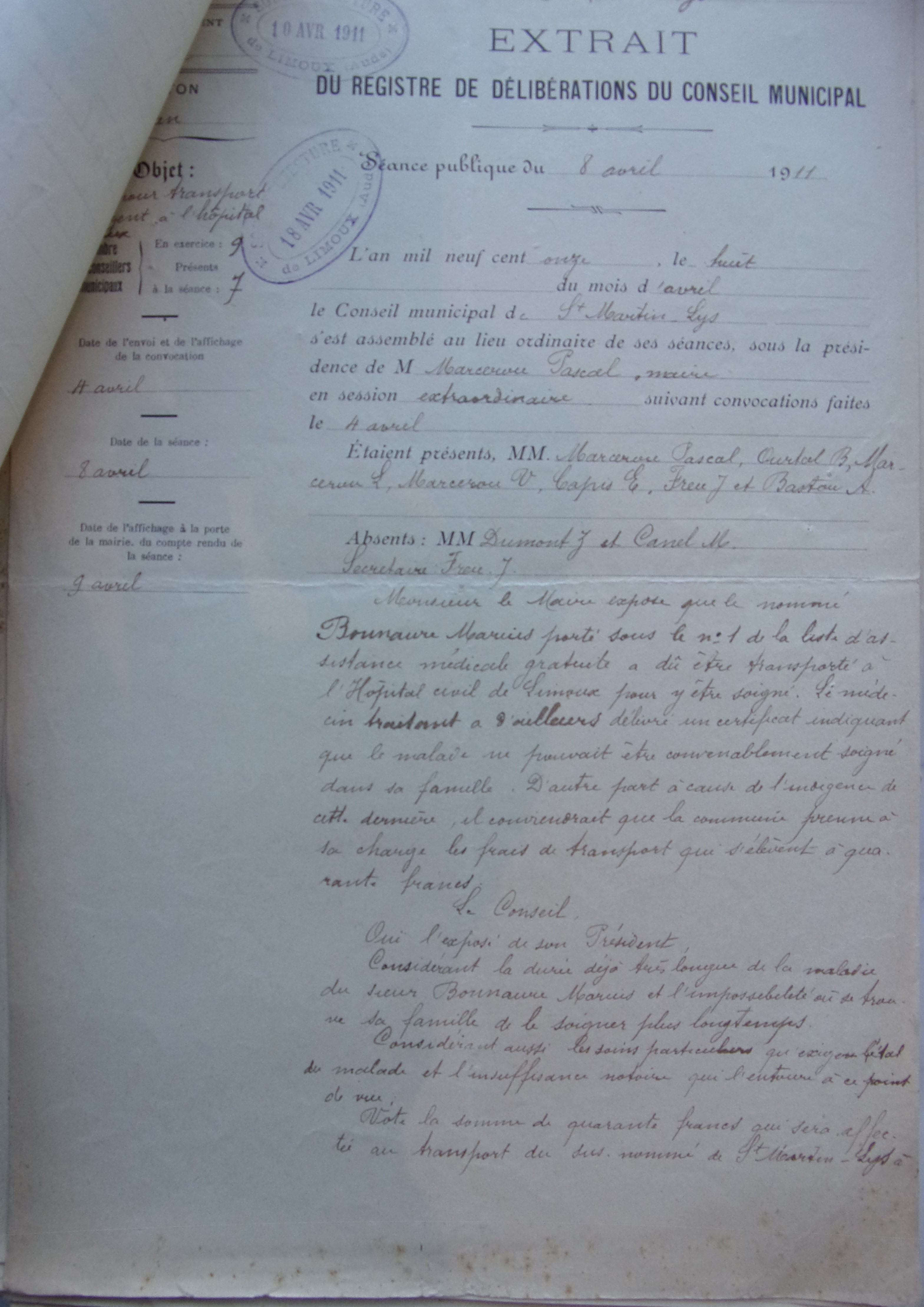 08 avril 1911 - Délibération du conseil municipal - transport d'un malade à l'hopital de Limoux p1
