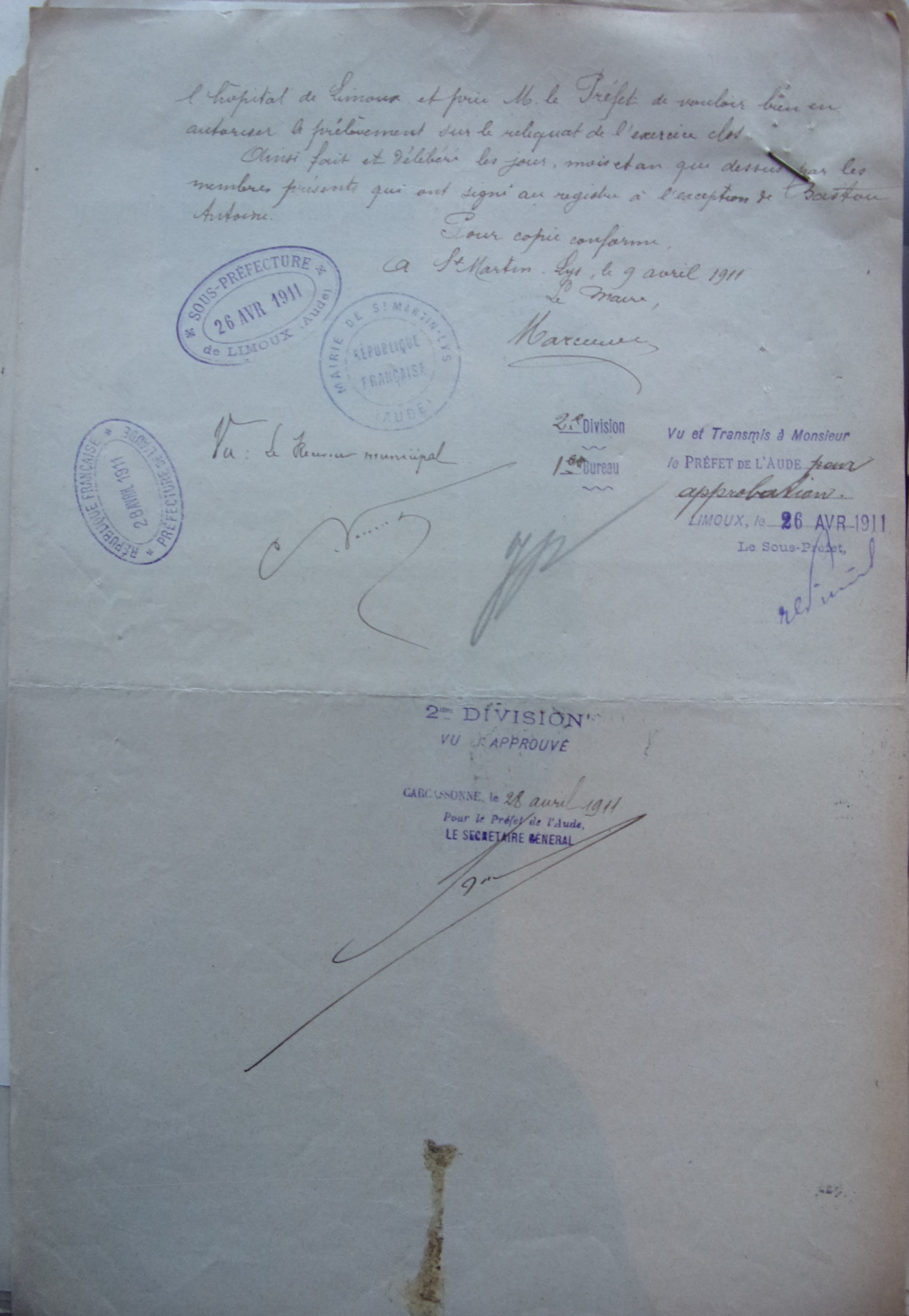 08 avril 1911 - Délibération du conseil municipal - transport d'un malade à l'hopital de Limoux p2