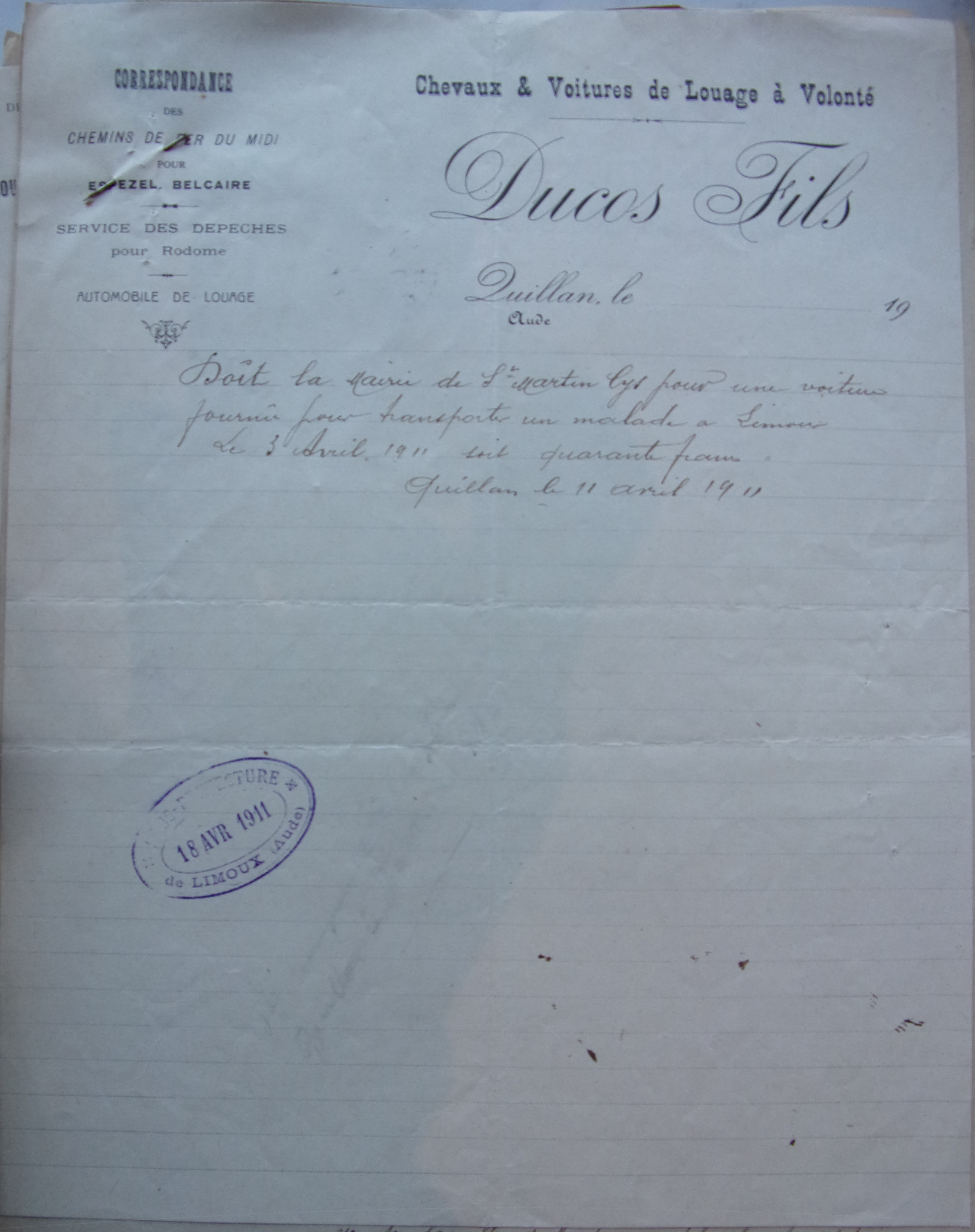 11 avril 1911 - Facture Ducos pour une voiture pour transporter le malade à Limoux
