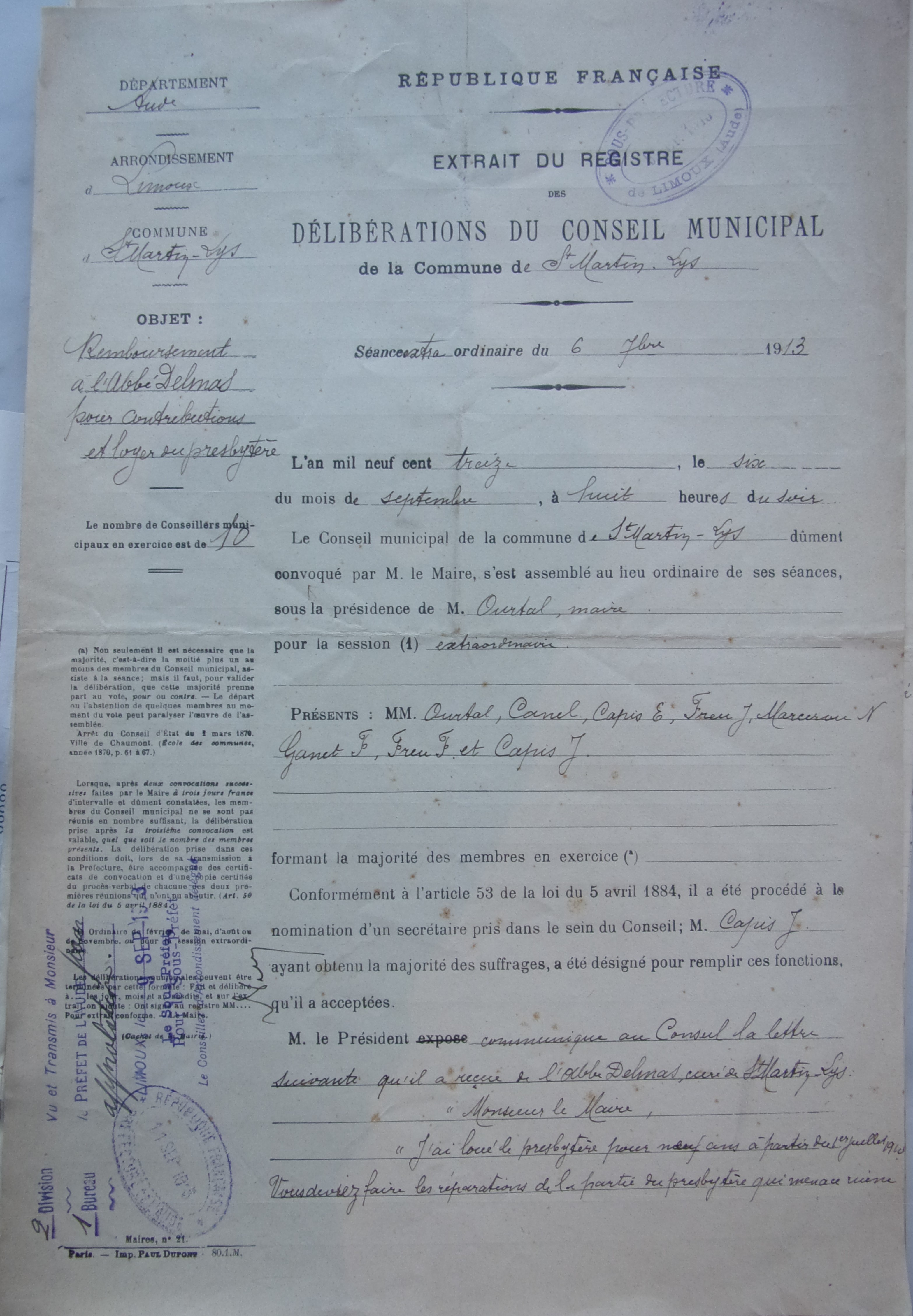06 septembre 1913 - Délibération du conseil municipal - remboursement de l'abbé Delmas pour contributions et loyer du presbytère p1