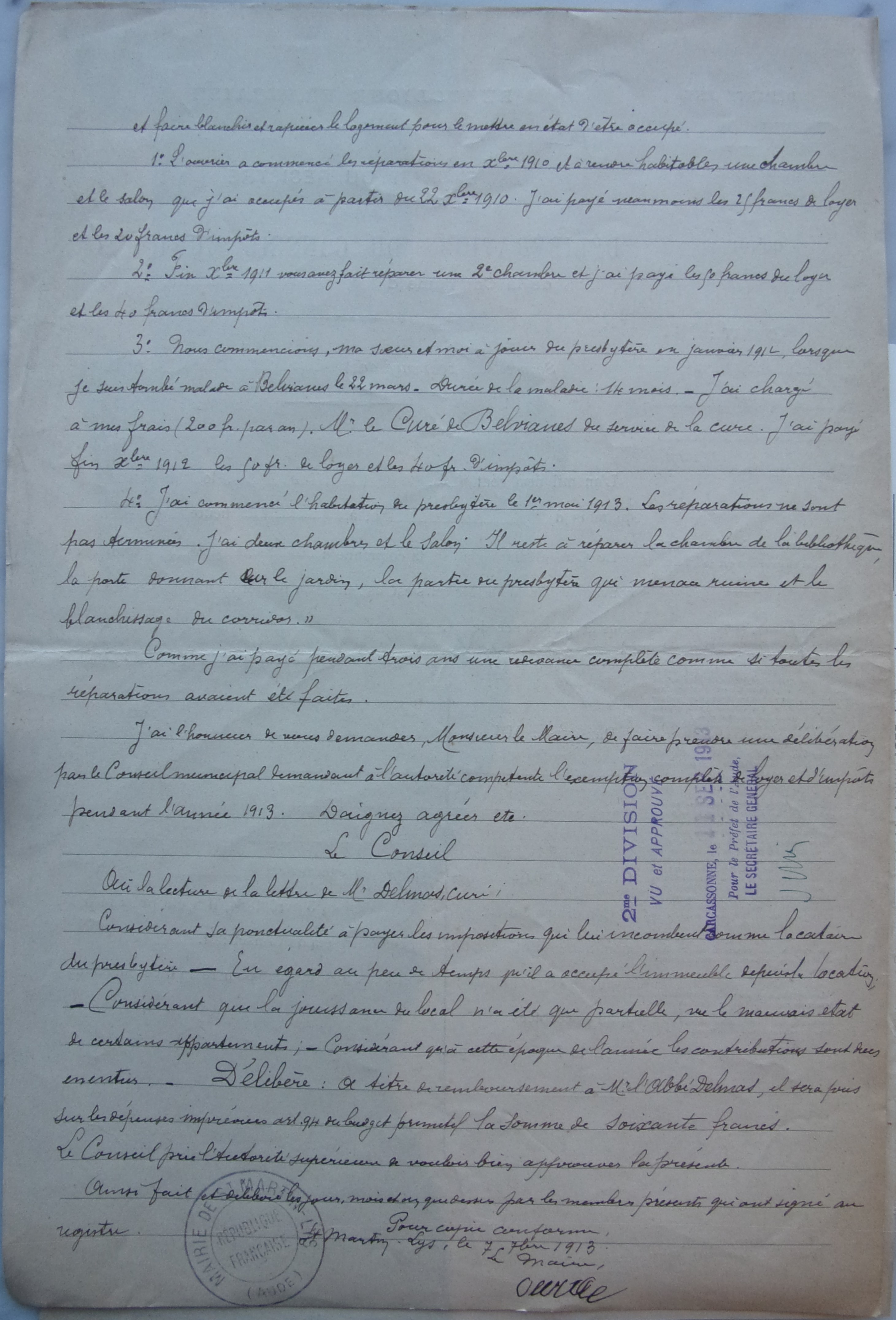 06 septembre 1913 - Délibération du conseil municipal - remboursement de l'abbé Delmas pour contributions et loyer du presbytère p2