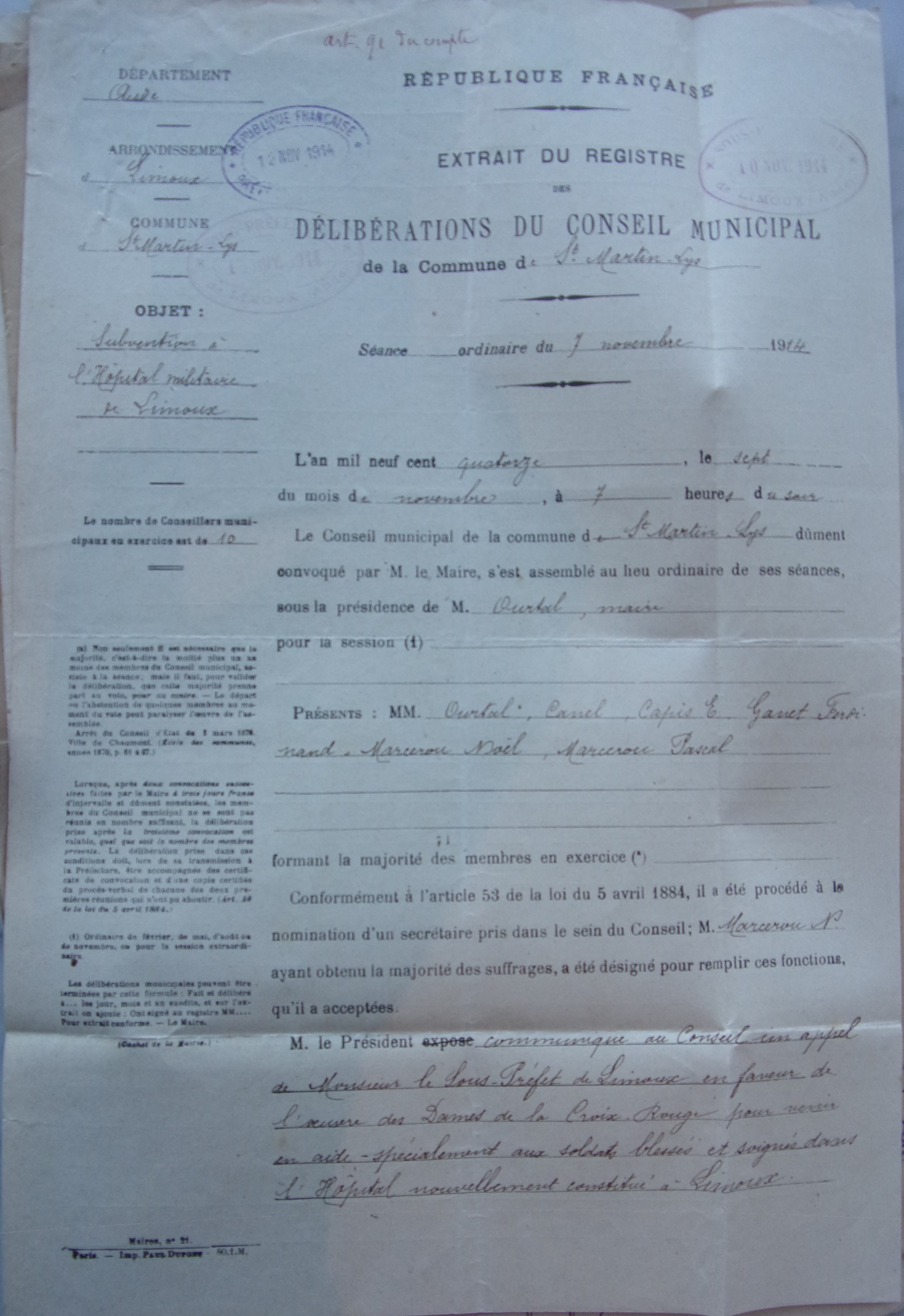 07 novembre 1914 - Délibération du conseil municipal - Subvention à l'hopital militaire de Limoux p1 v1