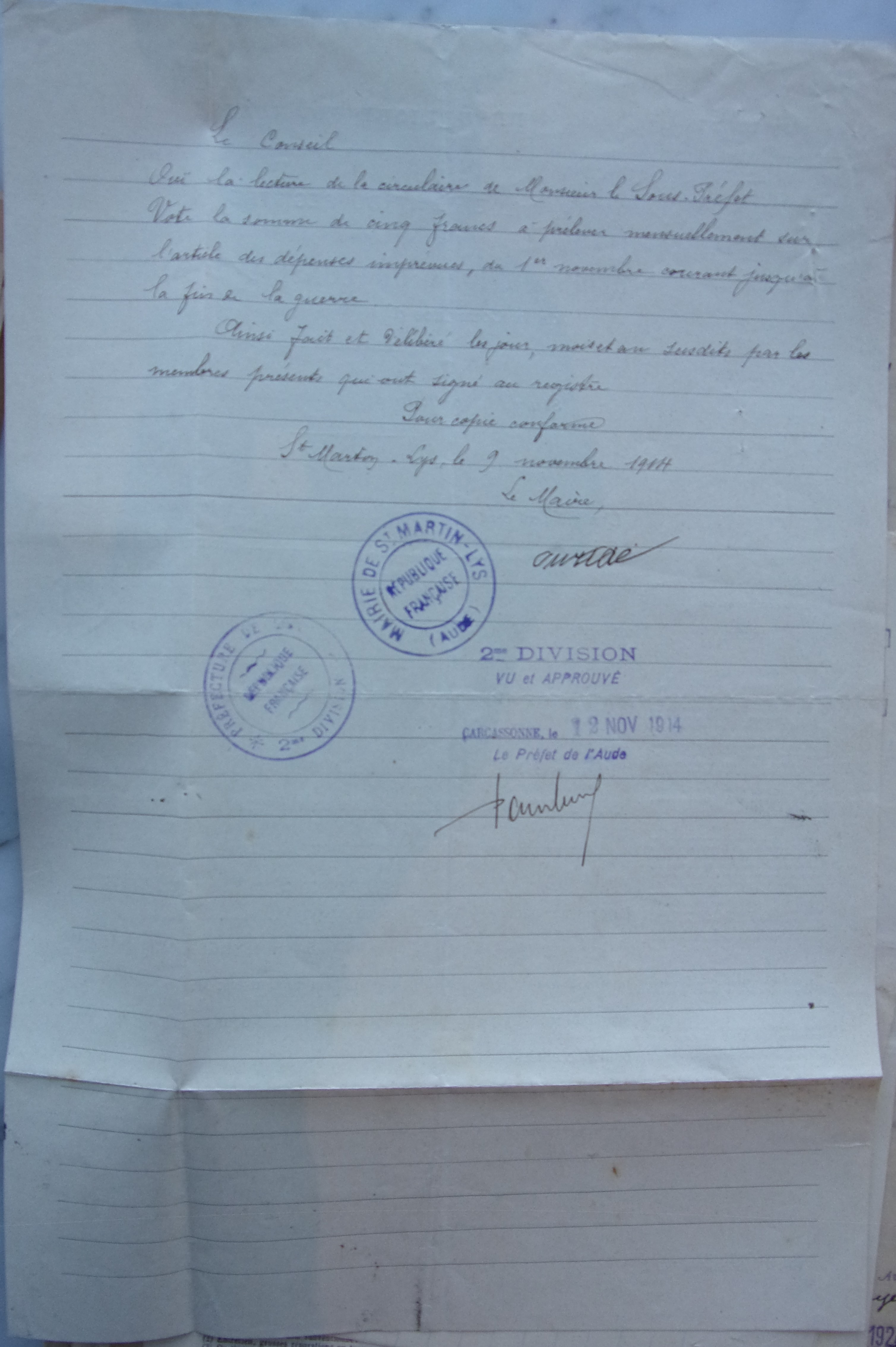 07 novembre 1914 - Délibération du conseil municipal - Subvention à l'hopital militaire de Limoux p2 v1