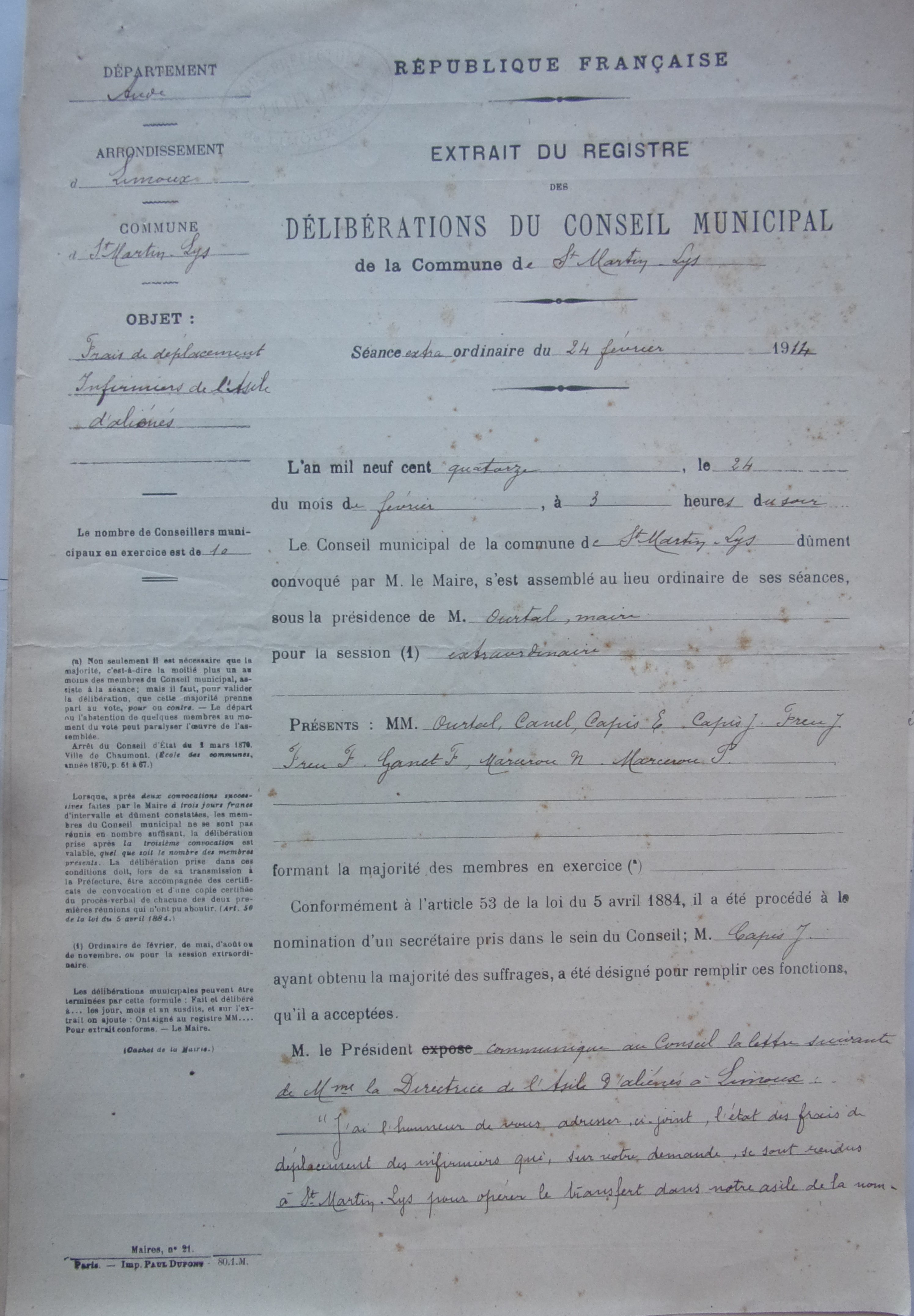 24 février 1914 - Délibération du conseil municipal - Frais de déplacement Infirmiers de l'asile d'aliénés p1 v2