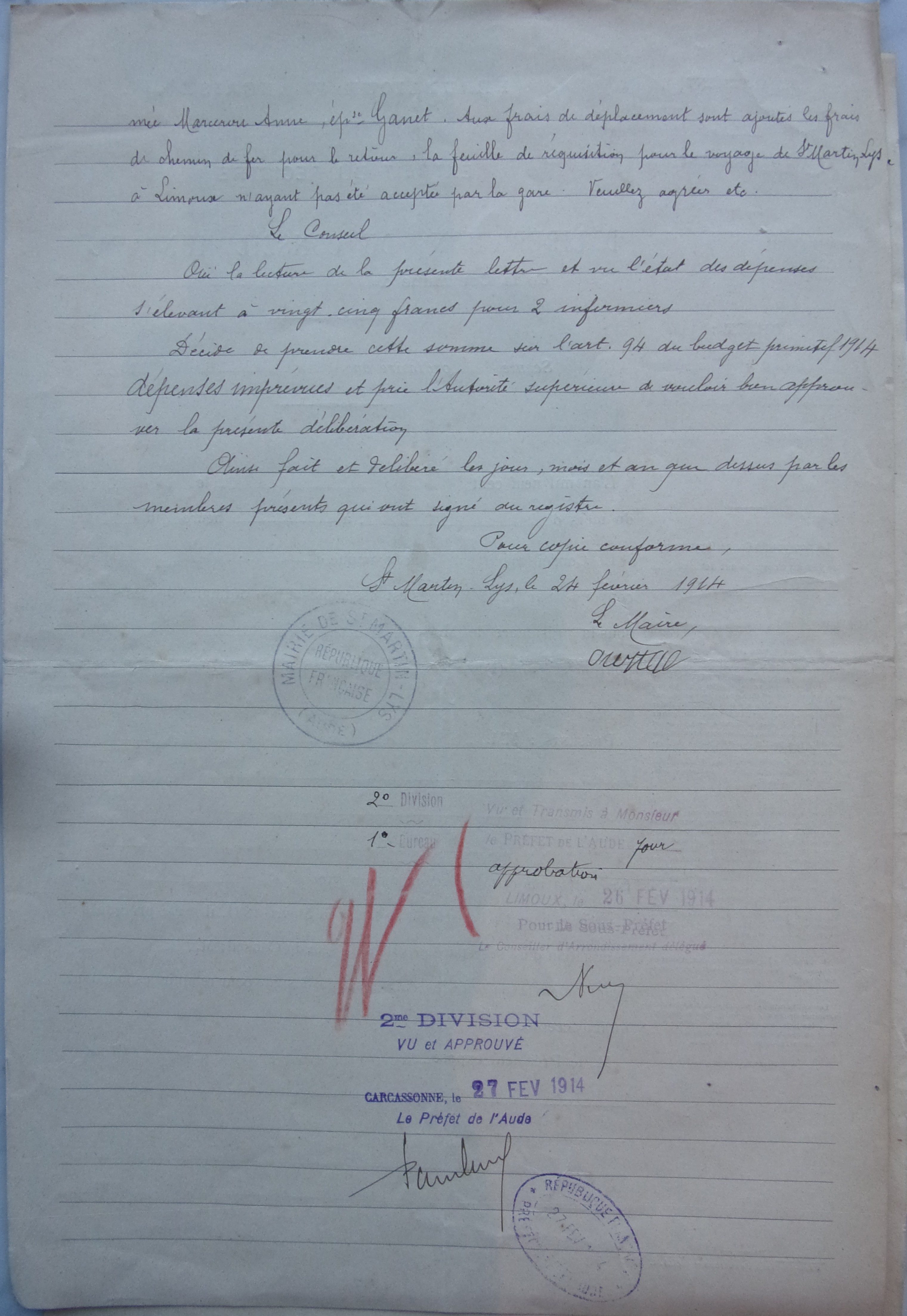 24 février 1914 - Délibération du conseil municipal - Frais de déplacement Infirmiers de l'asile d'aliénés p2 v2