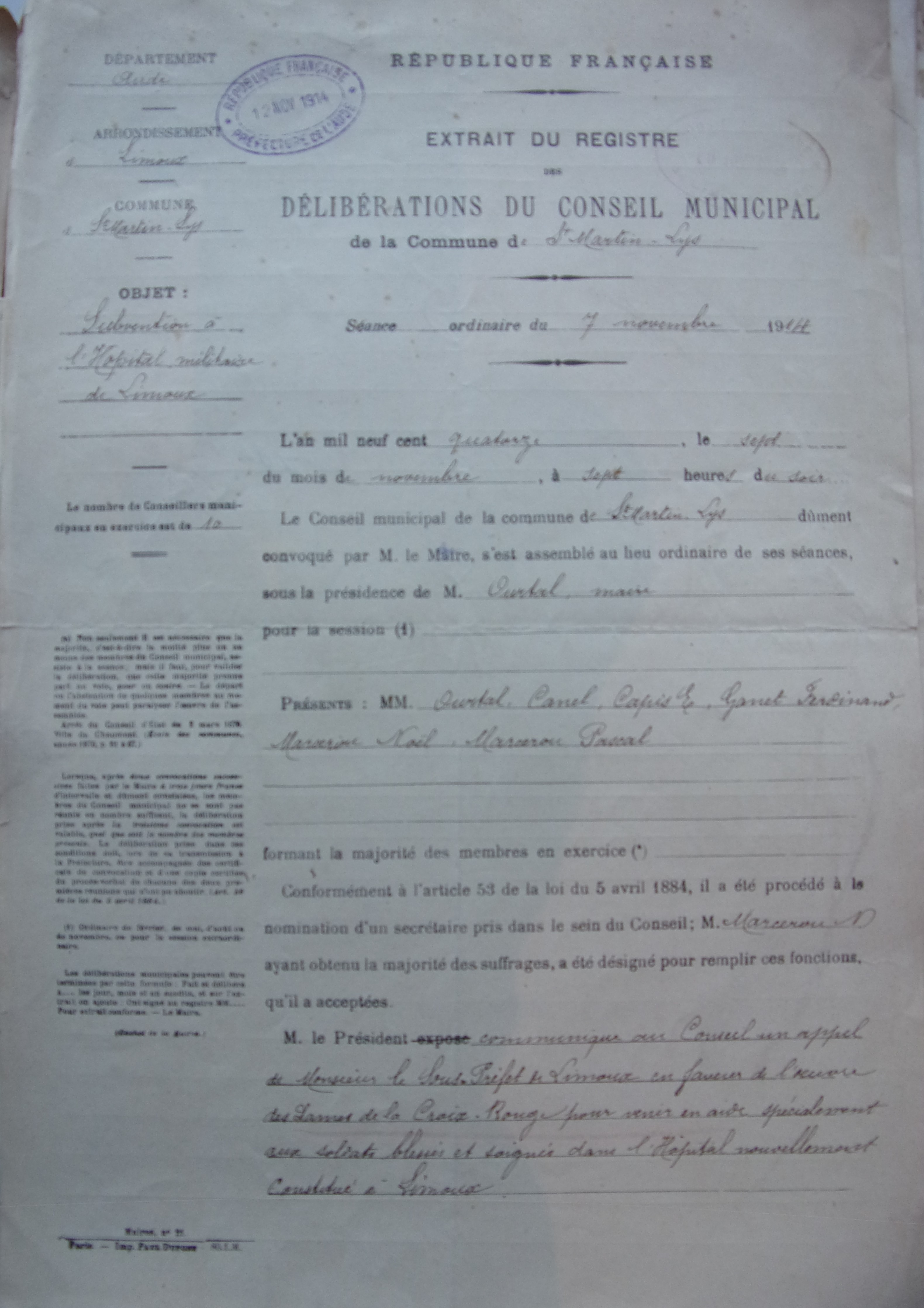 07 novembre 1914 - Délibération du conseil municipal - Subvention à l'hopital militaire de Limoux p1 v2