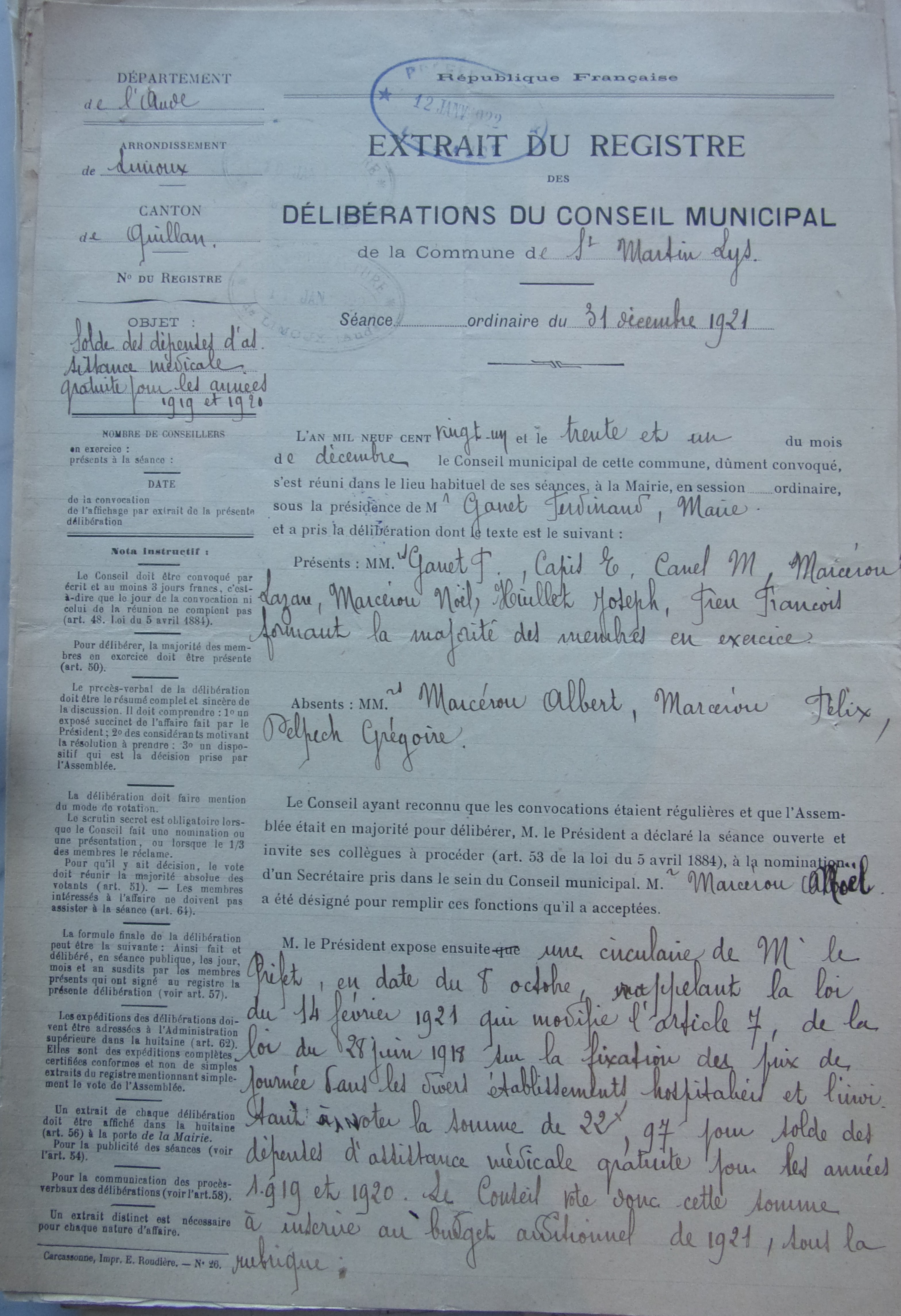 31 décembre 1921 - Délibération du conseil municipal - Solde des dépenses d'assistance médicale gratuite pour les années 1919 et 1920 p1