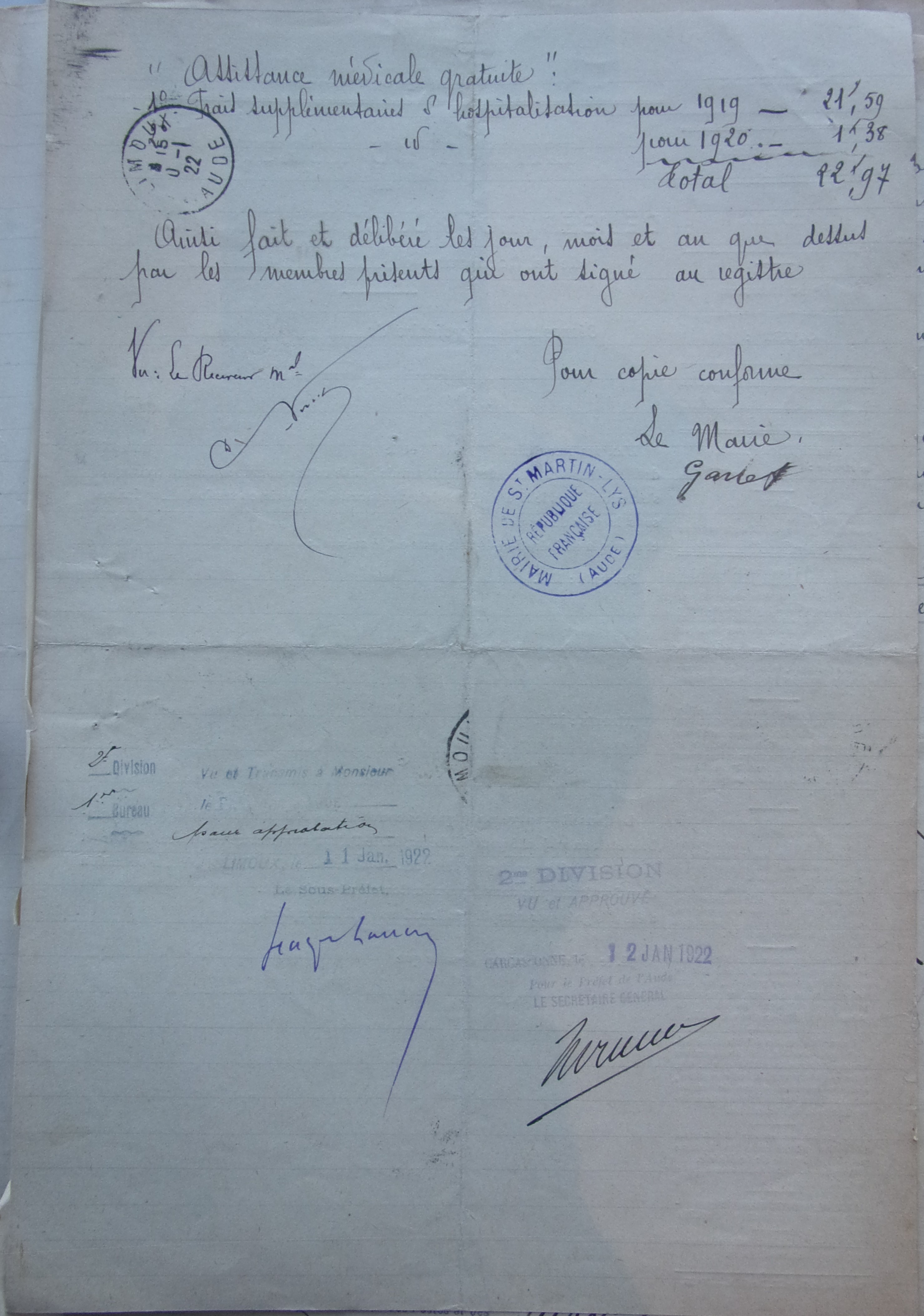 31 décembre 1921 - Délibération du conseil municipal - Solde des dépenses d'assistance médicale gratuite pour les années 1919 et 1920 p2