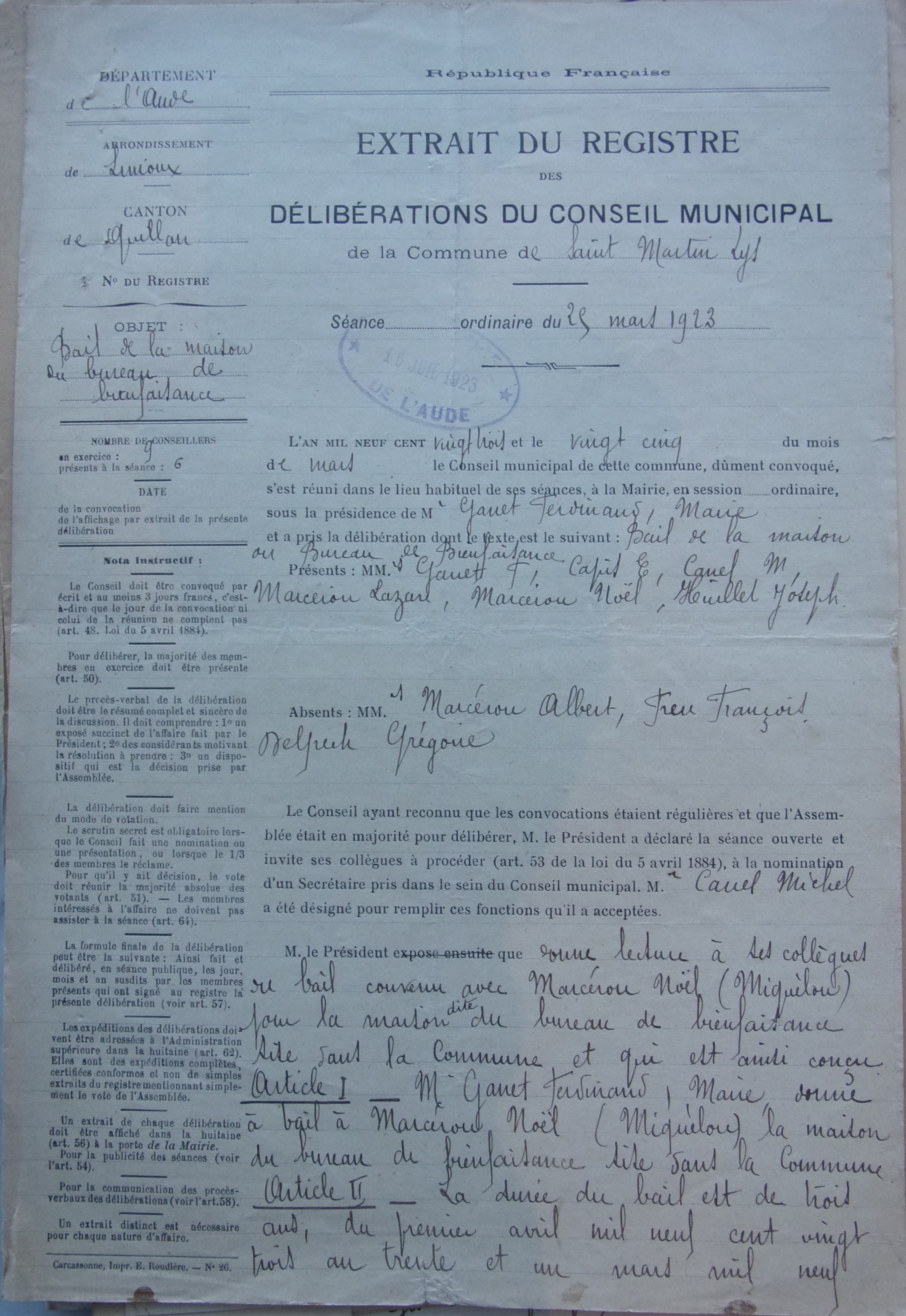 25 mars 1923 - Délibération du conseil municipal - Bail de la maison du bureau de bienfaisance p1