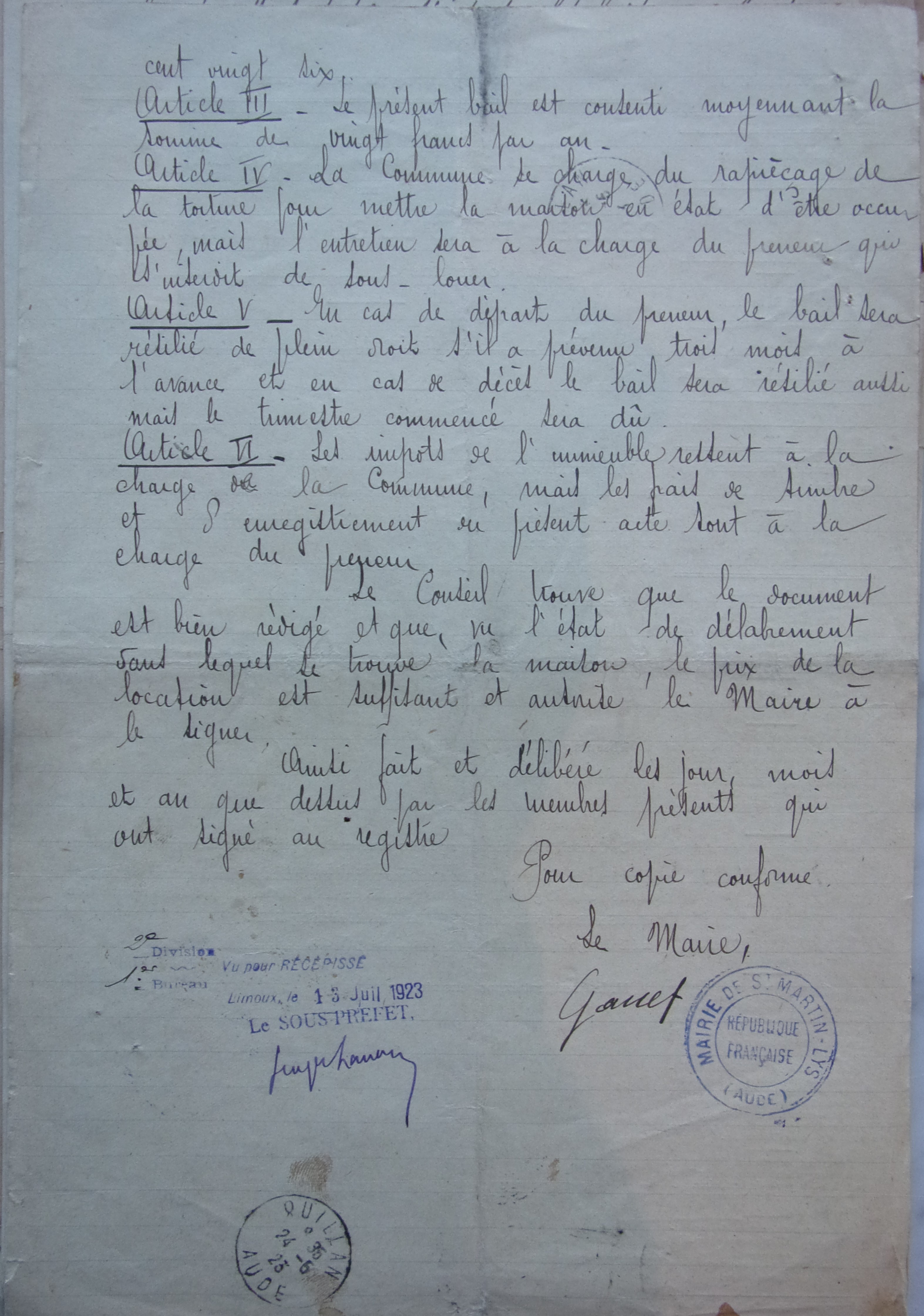 25 mars 1923 - Délibération du conseil municipal - Bail de la maison du bureau de bienfaisance p2