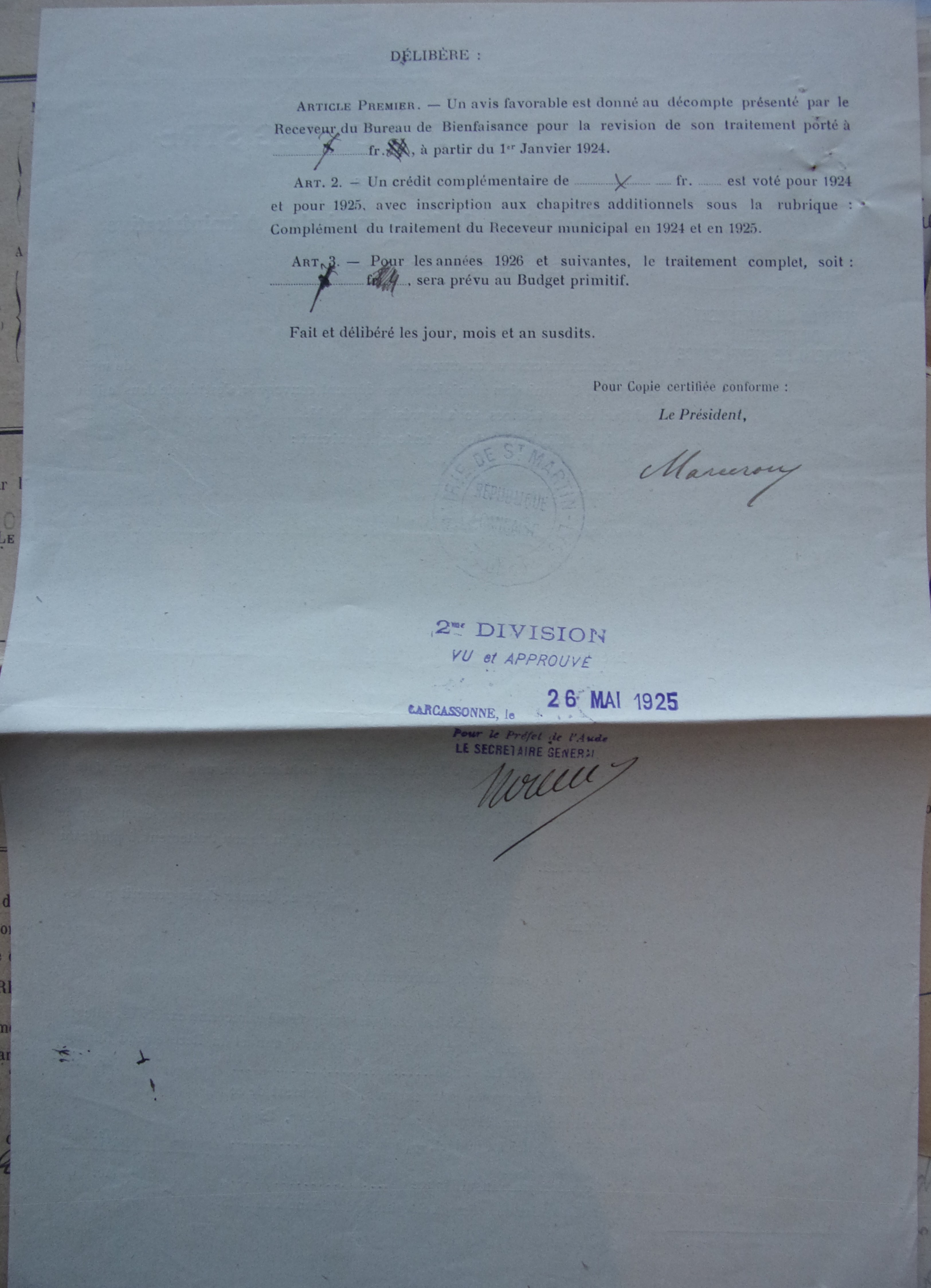 19 mai 1925 - Bureau de bienfaisance - délibération - révision du traitement du receveur du bureau de bienfaisance p2