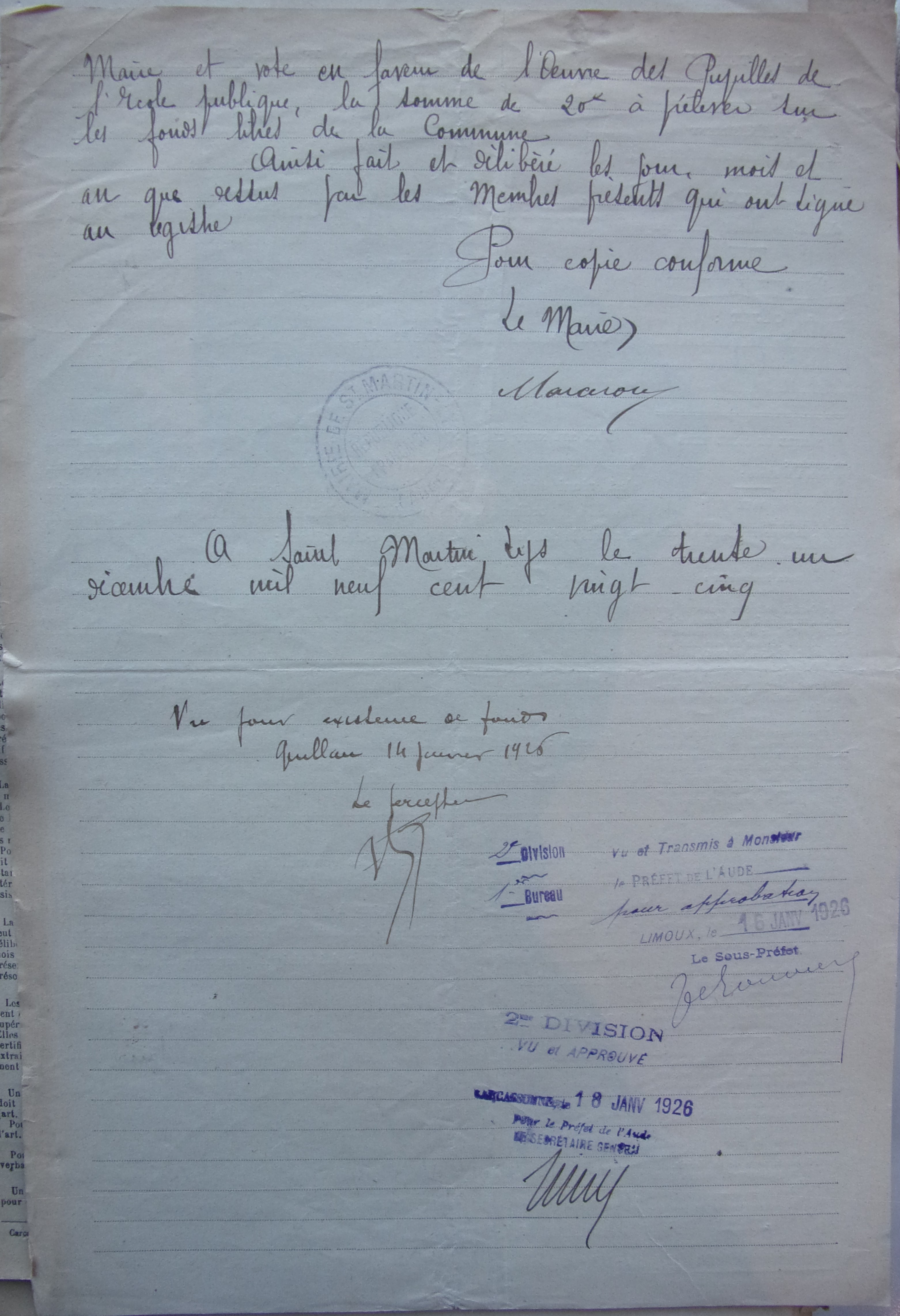 28 décembre 1925 - Crédit supplémentaire de 20 F attribué aux pupilles de l'Ecole publique p2