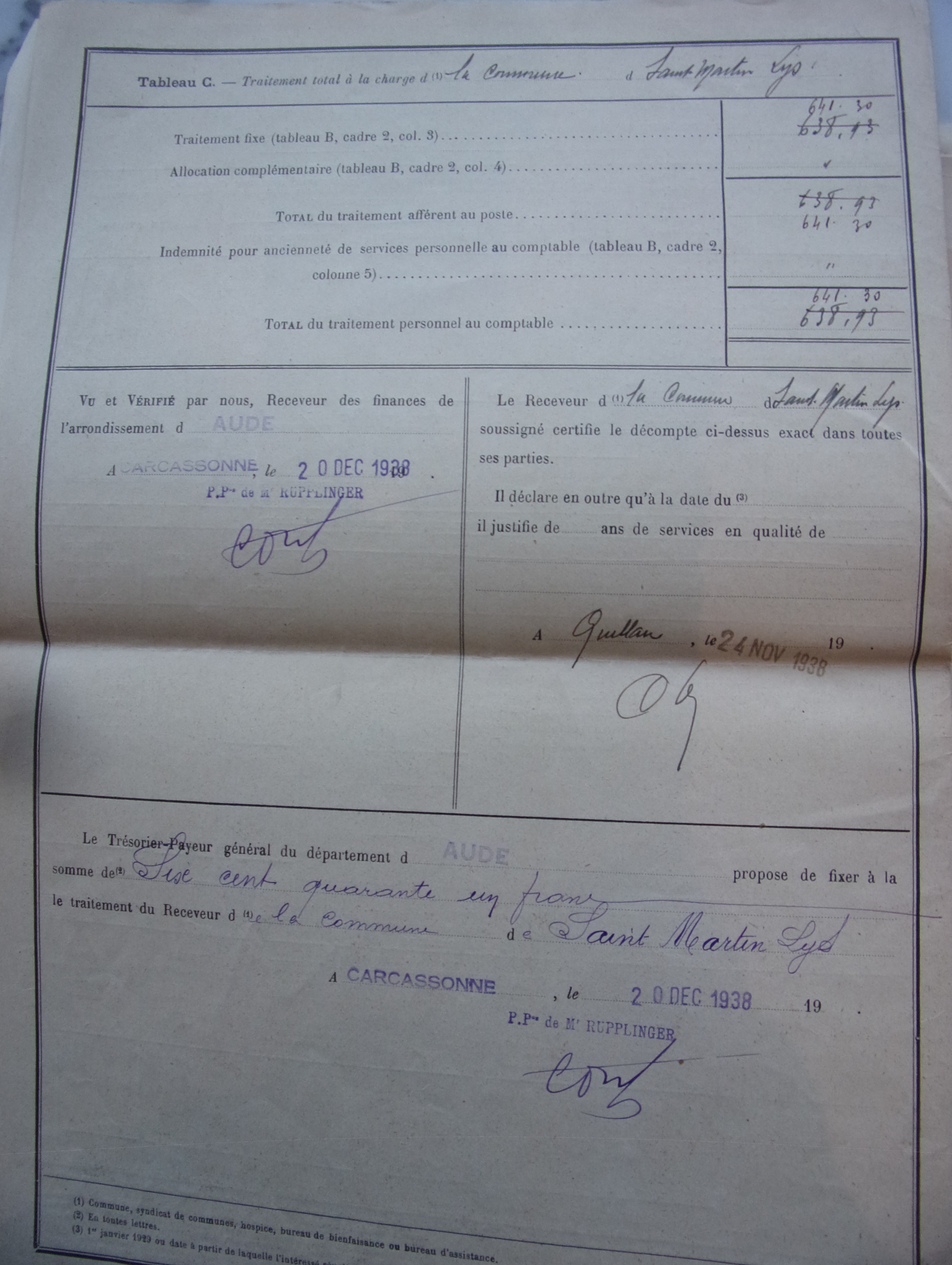 20 décembre 1938 - Bureau de bienfaisance - délibération - Recettes ordinaires des exercices 1935, 1936 et 1937 et Arrété de traitement annuel du receveur du bureau - document 1 p4 v1