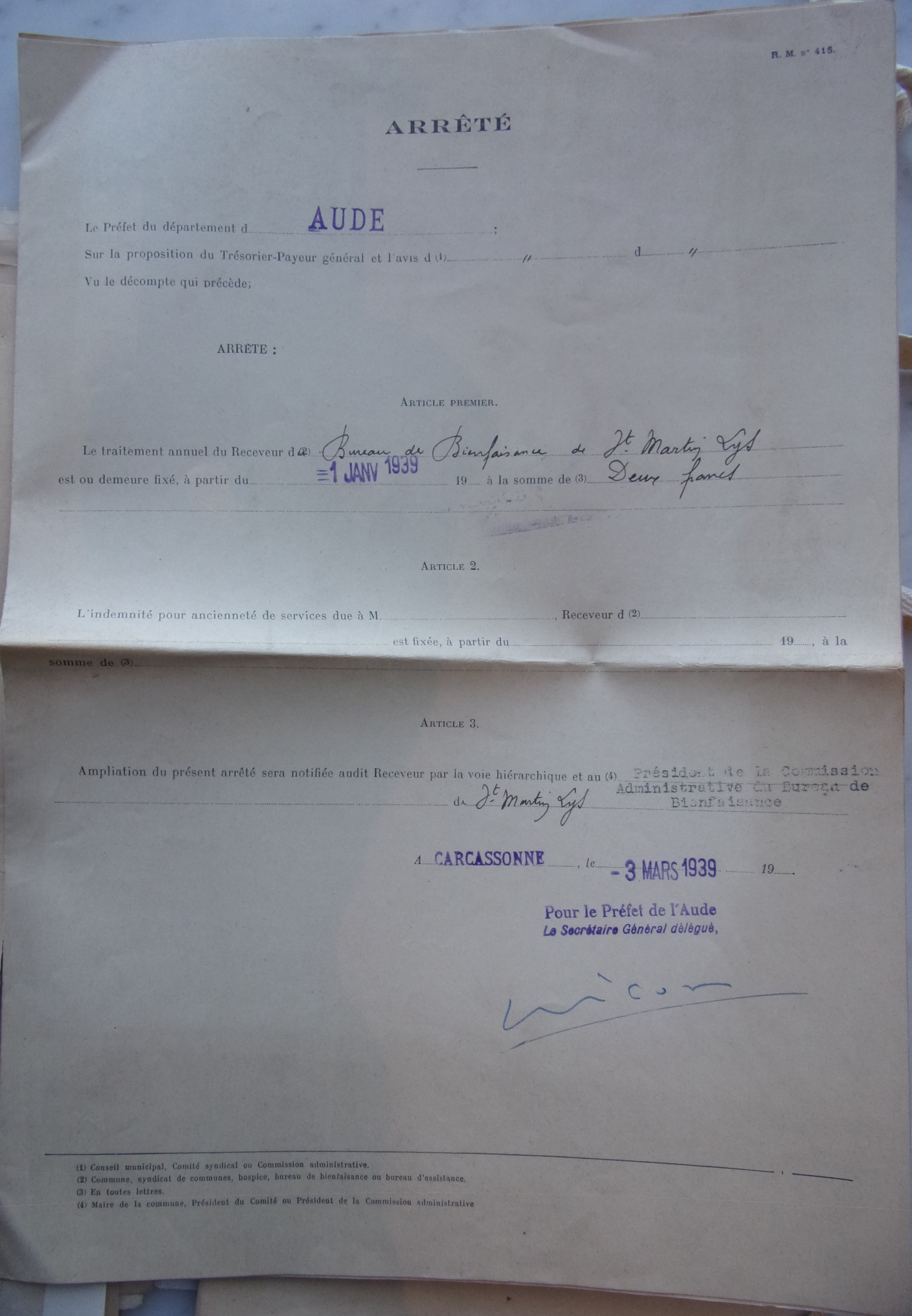 20 décembre 1938 - Bureau de bienfaisance - délibération - Recettes ordinaires des exercices 1935, 1936 et 1937 et Arrété de traitement annuel du receveur du bureau - document 1 p5 v1