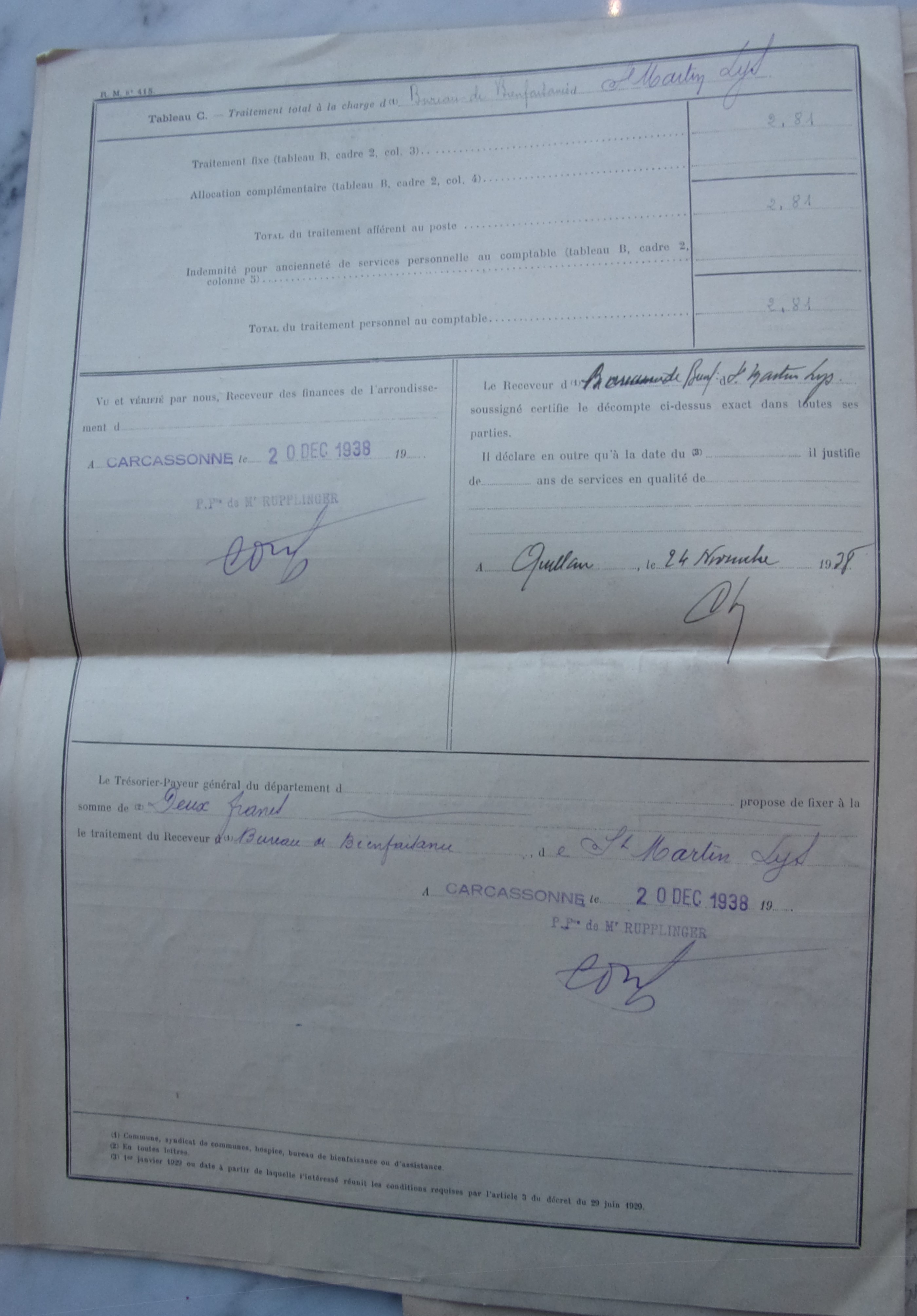 20 décembre 1938 - Bureau de bienfaisance - délibération - Recettes ordinaires des exercices 1935, 1936 et 1937 et Arrété de traitement annuel du receveur du bureau - document 1 p4 v2