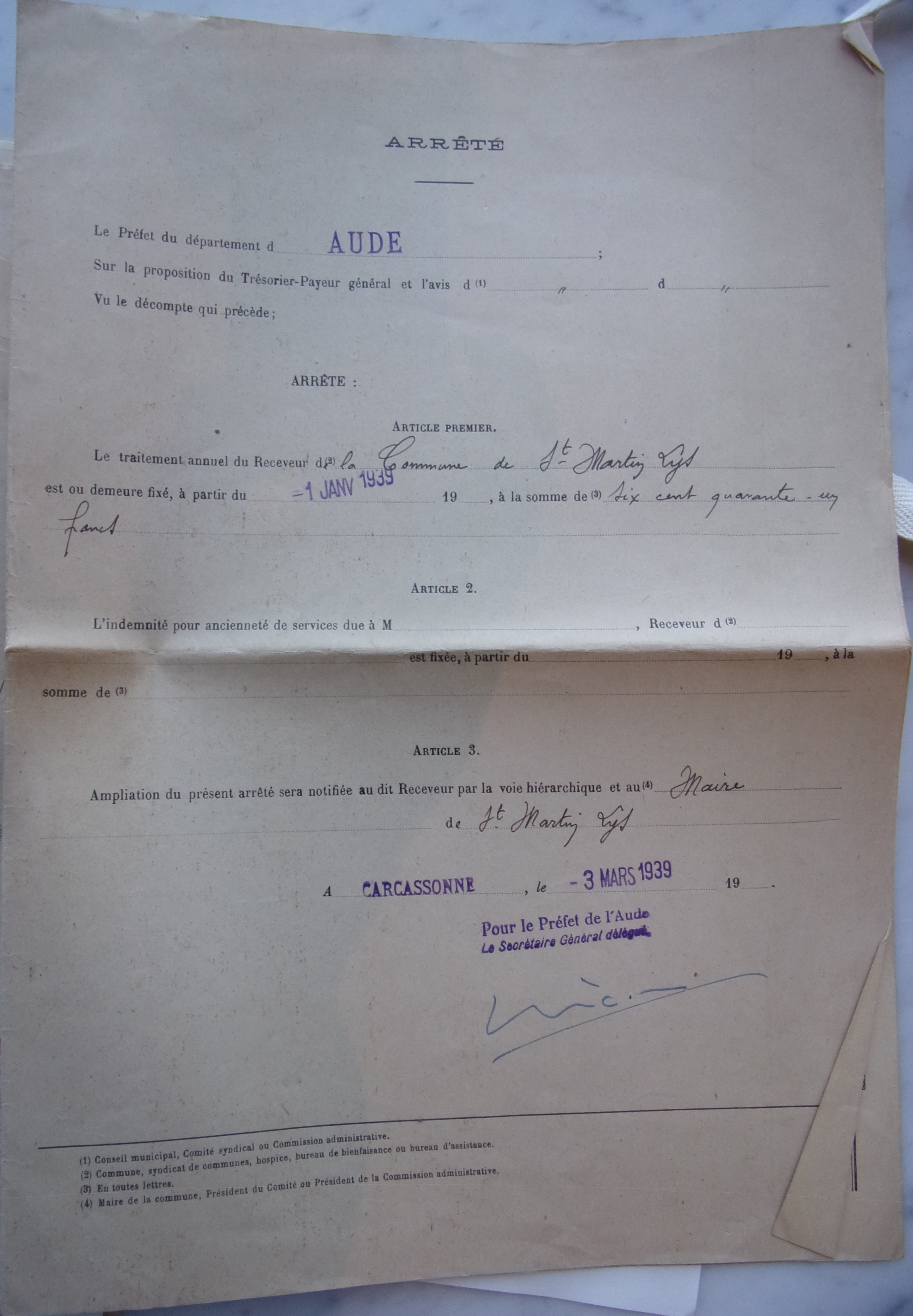 20 décembre 1938 - Bureau de bienfaisance - délibération - Recettes ordinaires des exercices 1935, 1936 et 1937 et Arrété de traitement annuel du receveur du bureau - document 1 p5 v2