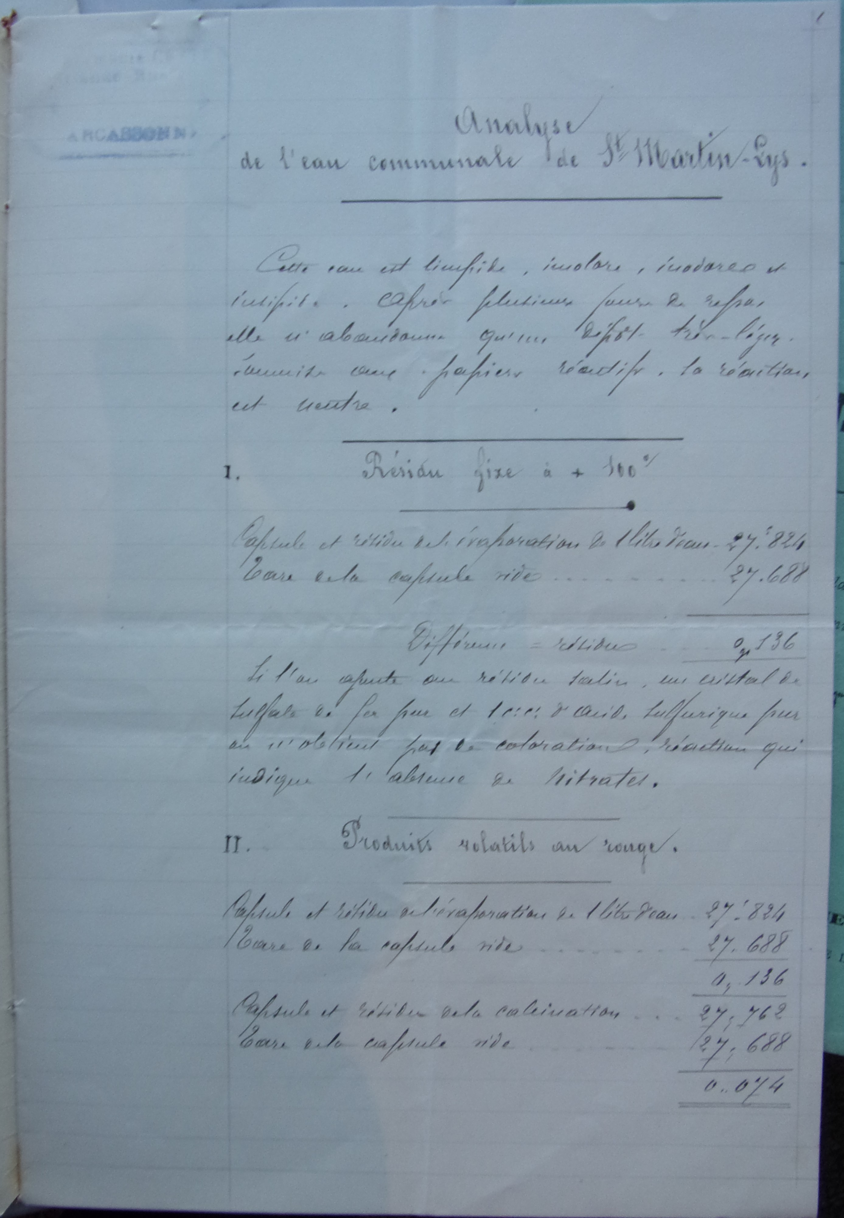 25 mai 1899 - Analyse d'eau communale p1
