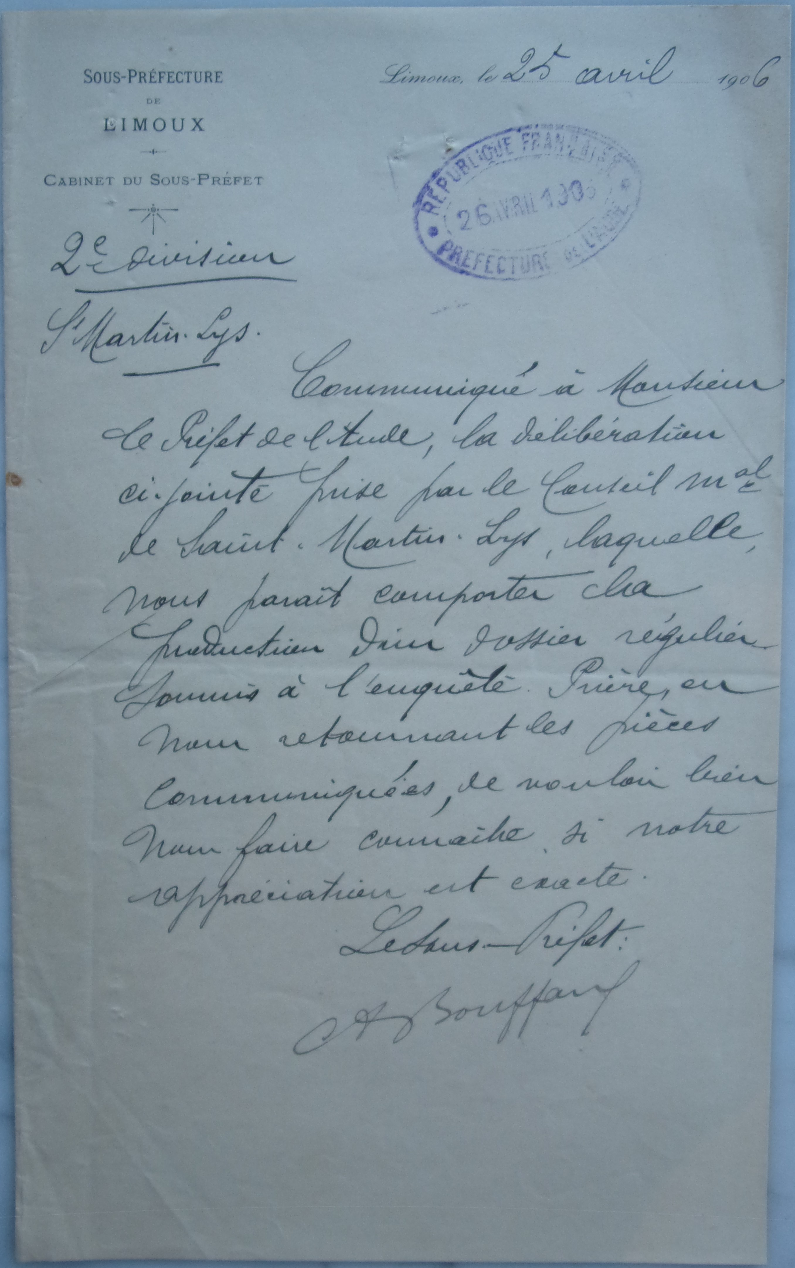 25 avril 1906 - Sous-préfet à Préfet échange sur dossier enquête éclairage public