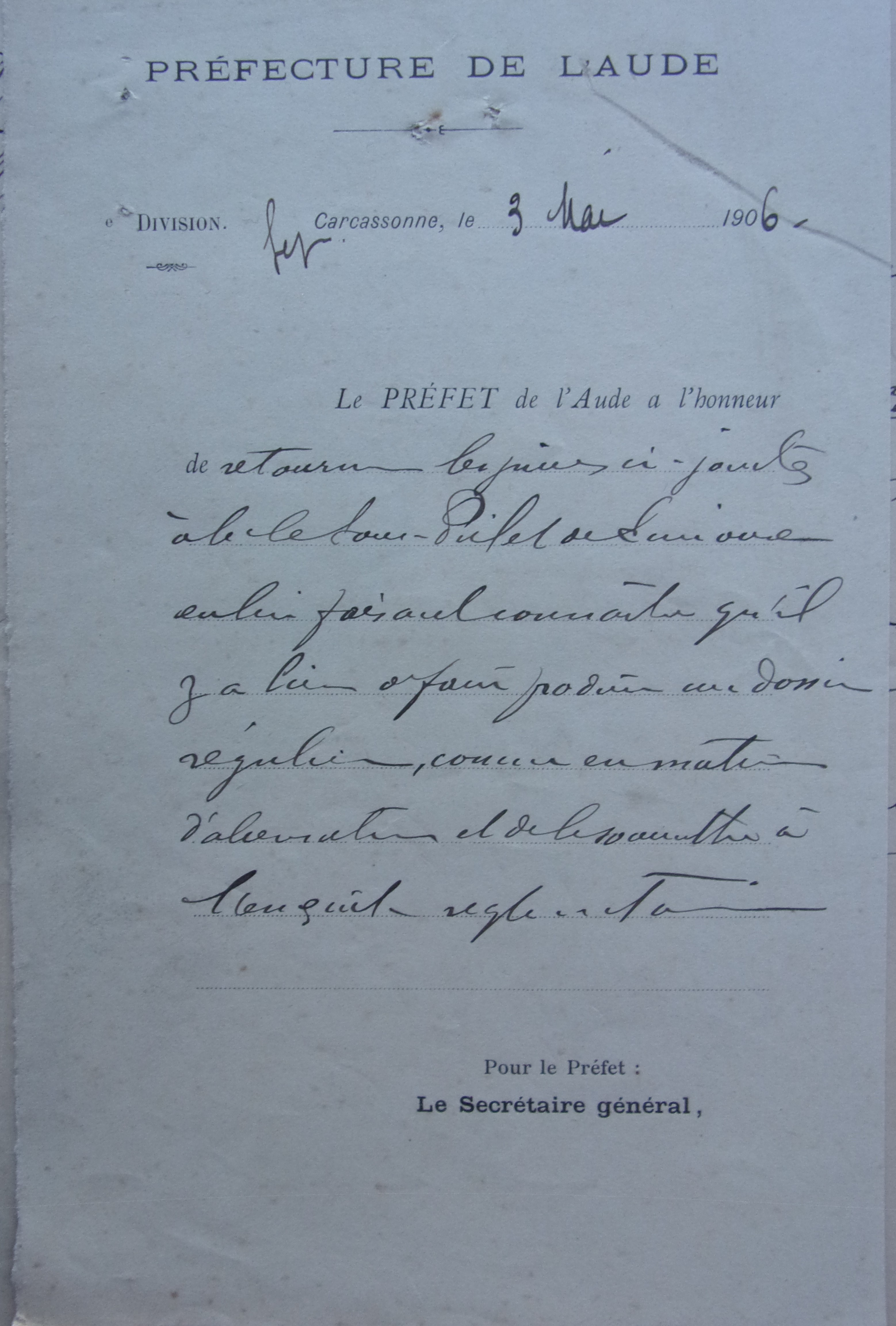 16 juin 1906 - Préfet à Sous Préfet Pour constitution dossier pour éclairage public