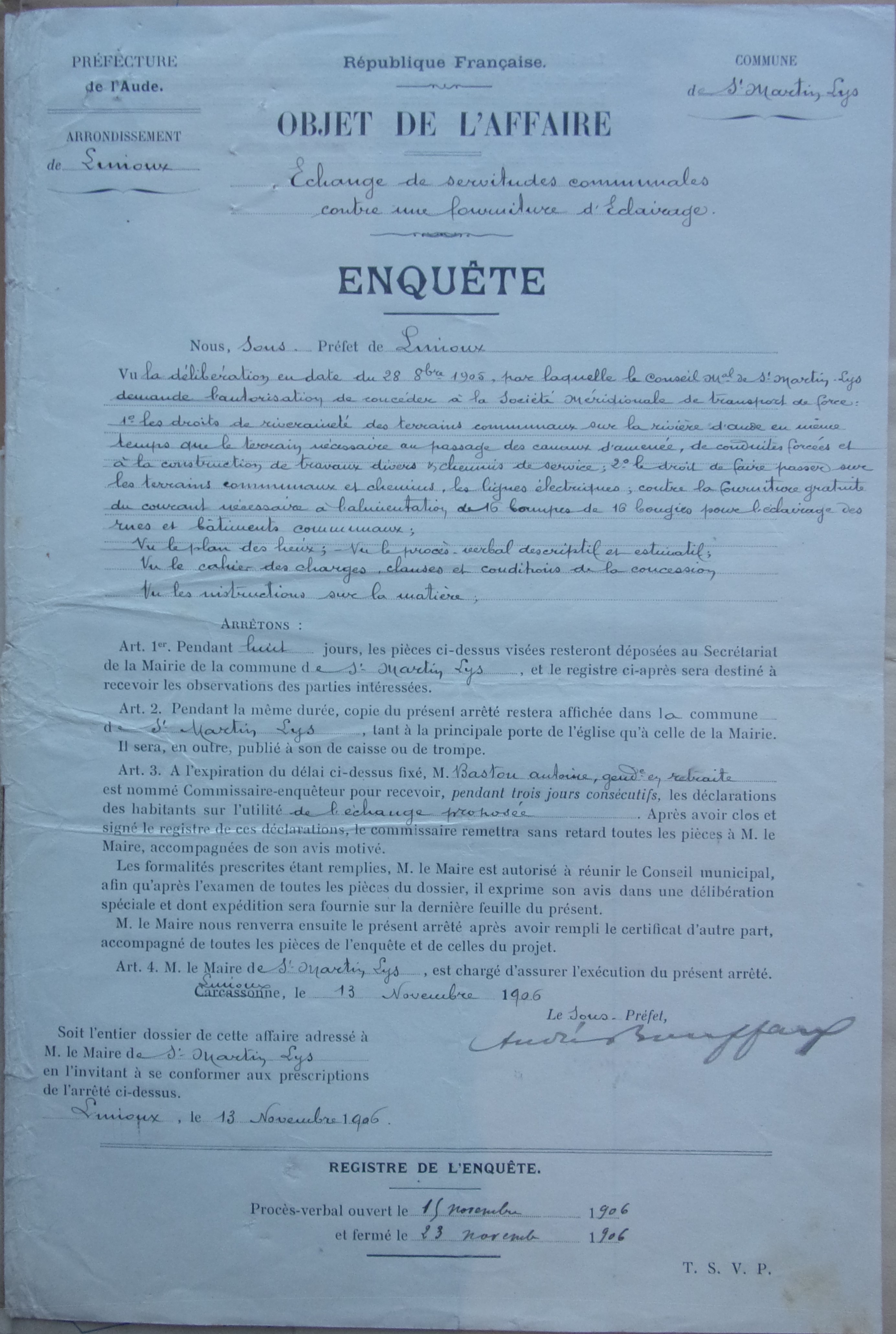 13 novembre 1906 - Enquête Echange de servitudes communales contre une fourniture d'éclairage p1