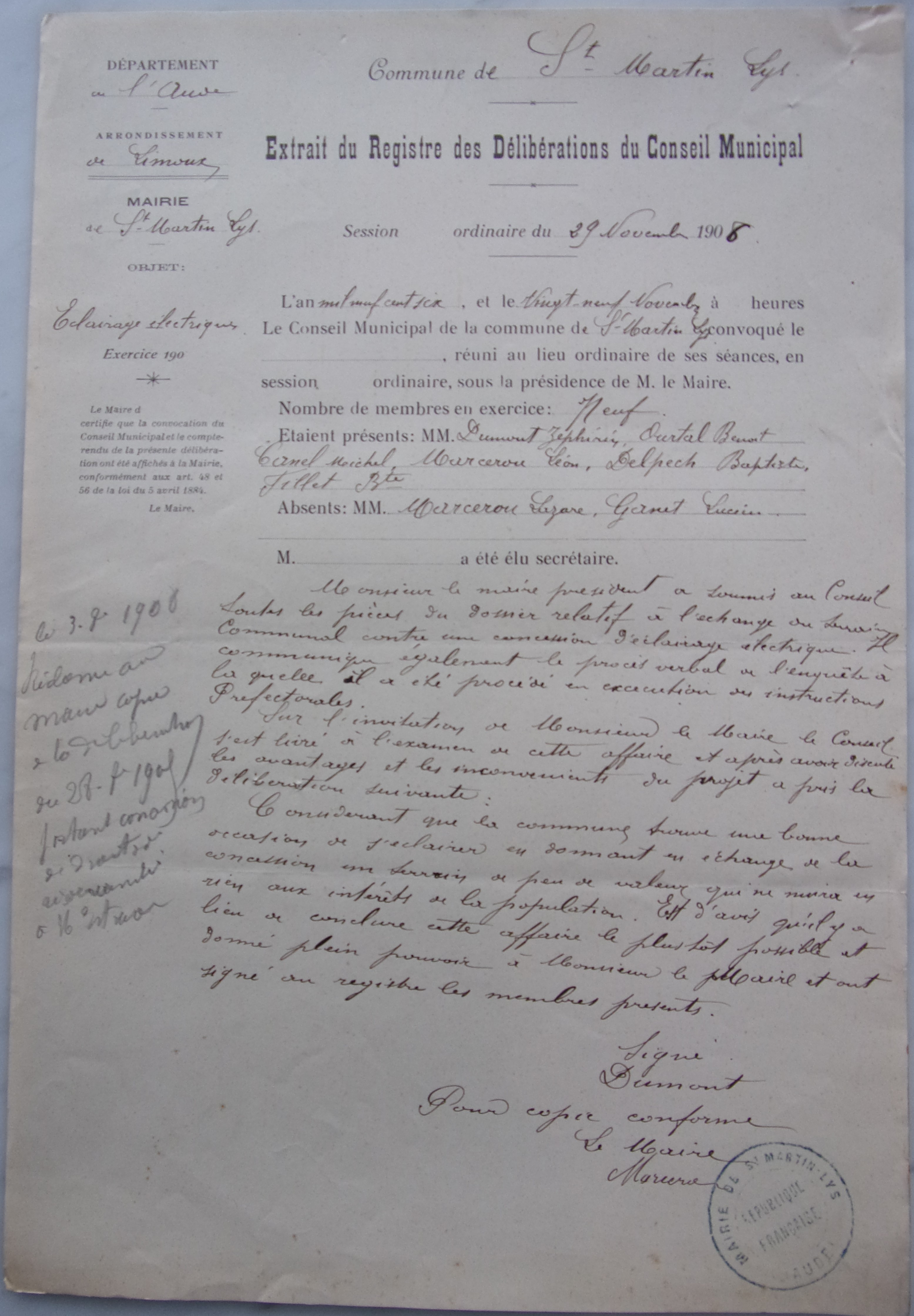 29 novembre 1906 - électricité Conseil municipal p1