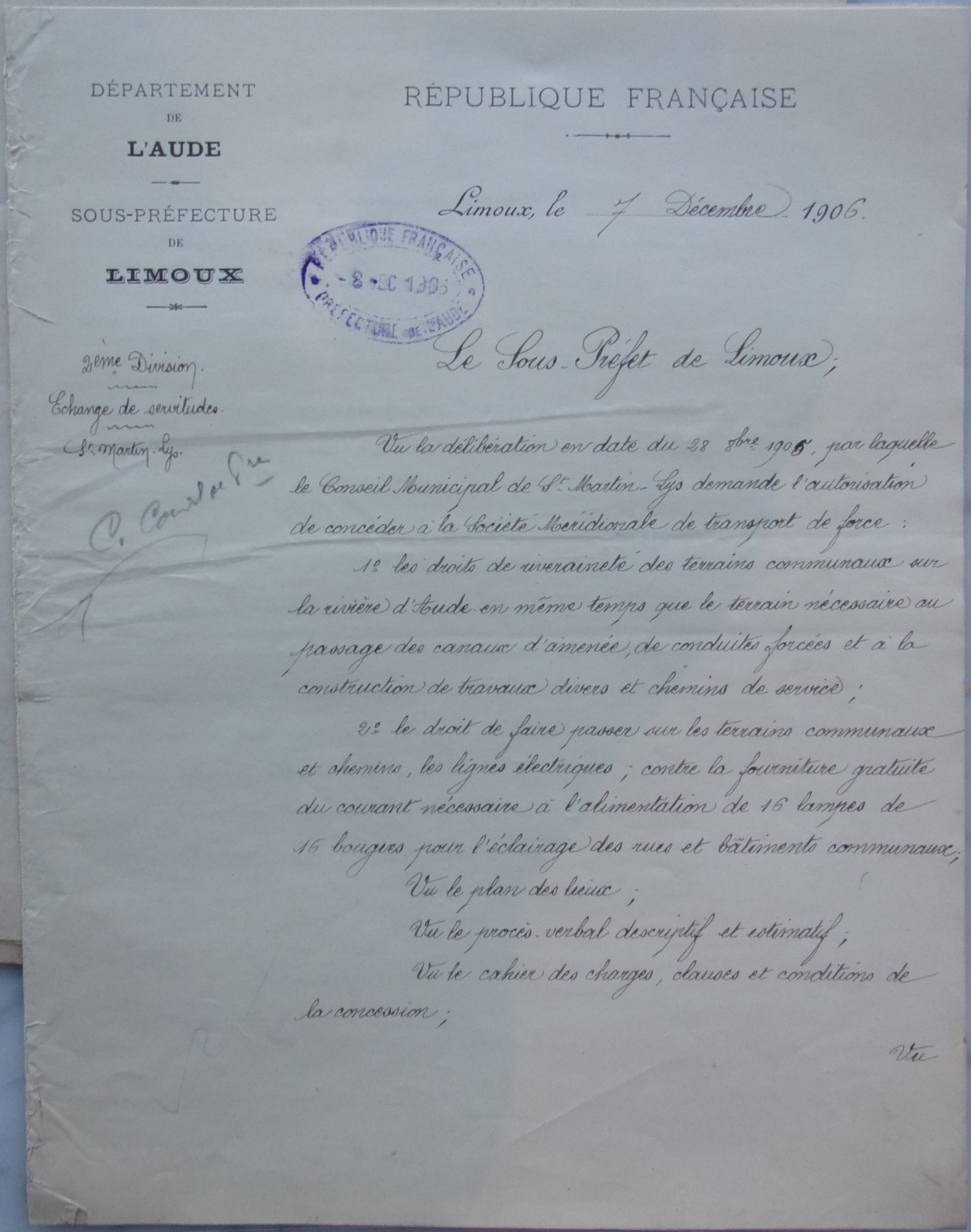 07 décembre 1906 - Sous-préfet Echange de servitude - électricité p1