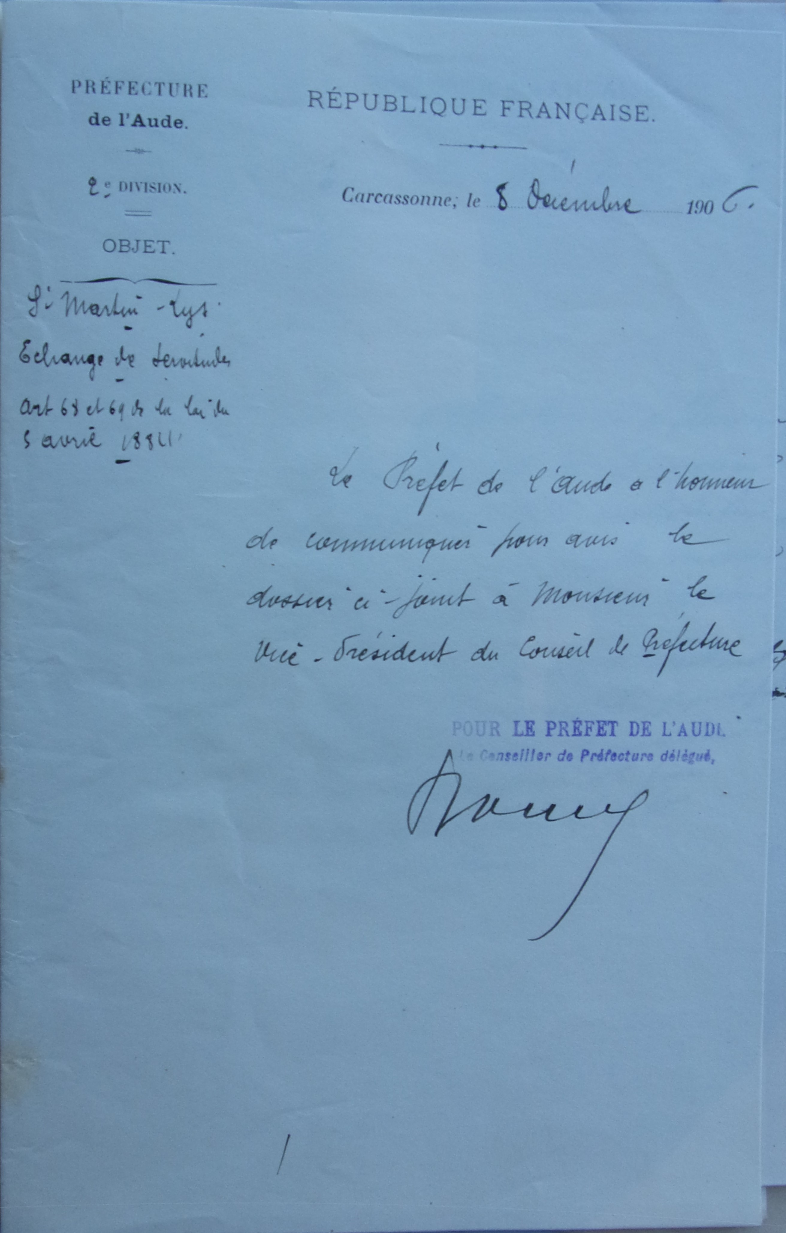 08 décembre 1906 - Préfet à conseil de préfecture transmission pour avis échange de servitude Eclairage public 