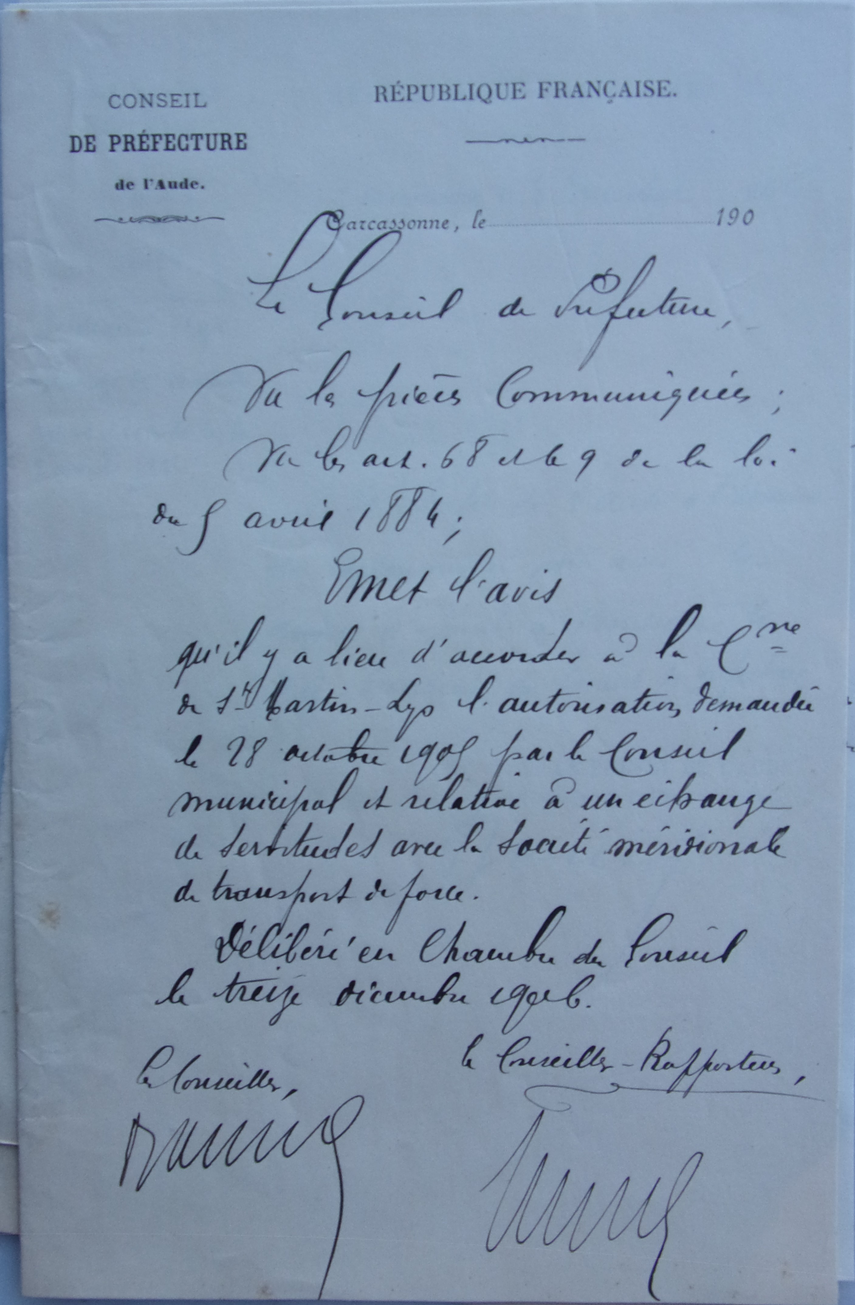 13 décembre 1906 - Conseil de préfecture avis favorable échange de servitude Eclairage public