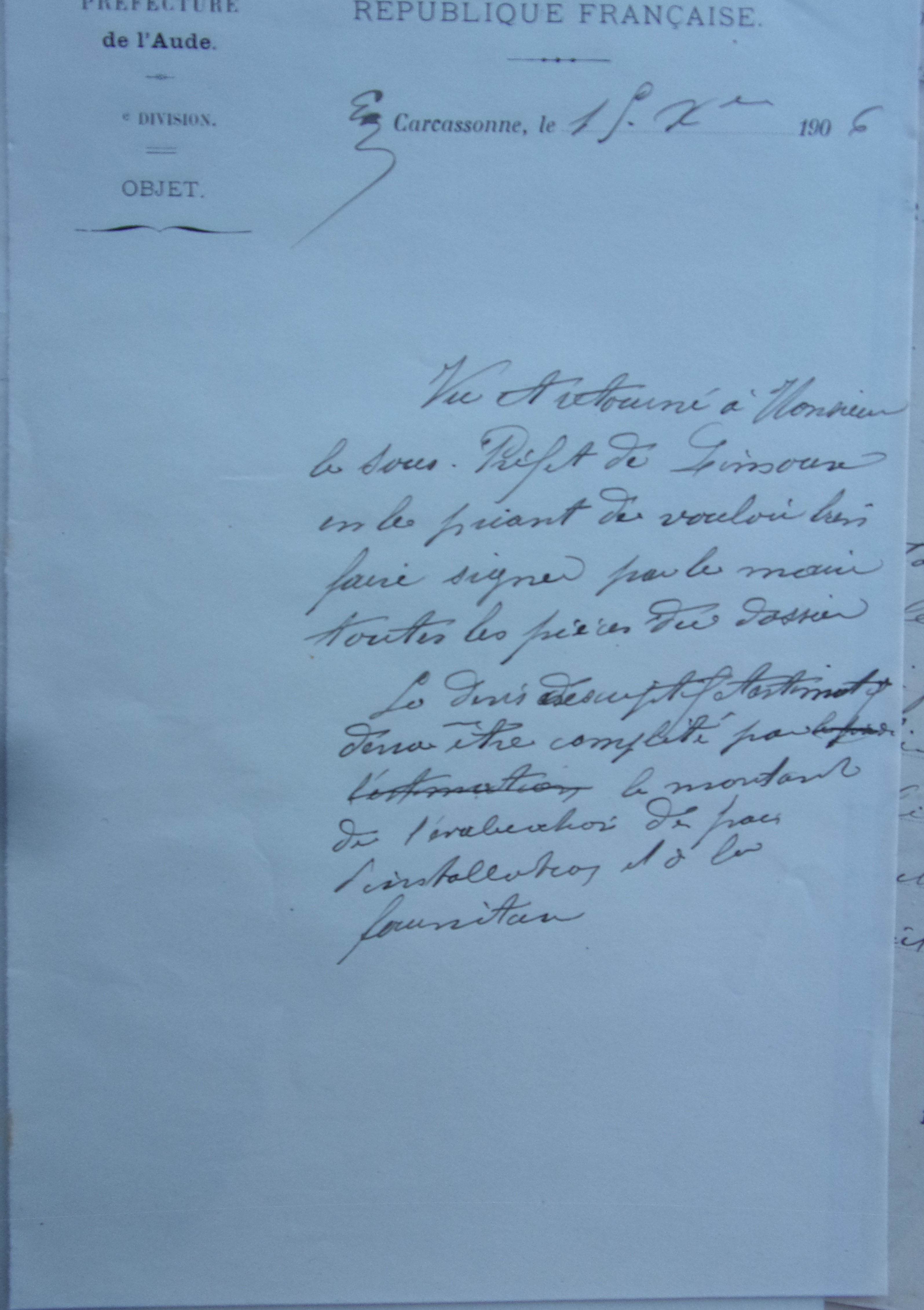 15 décembre 1906 - Préfet à Sous préfet pour signature maire dossier échange de servitude Eclairage public