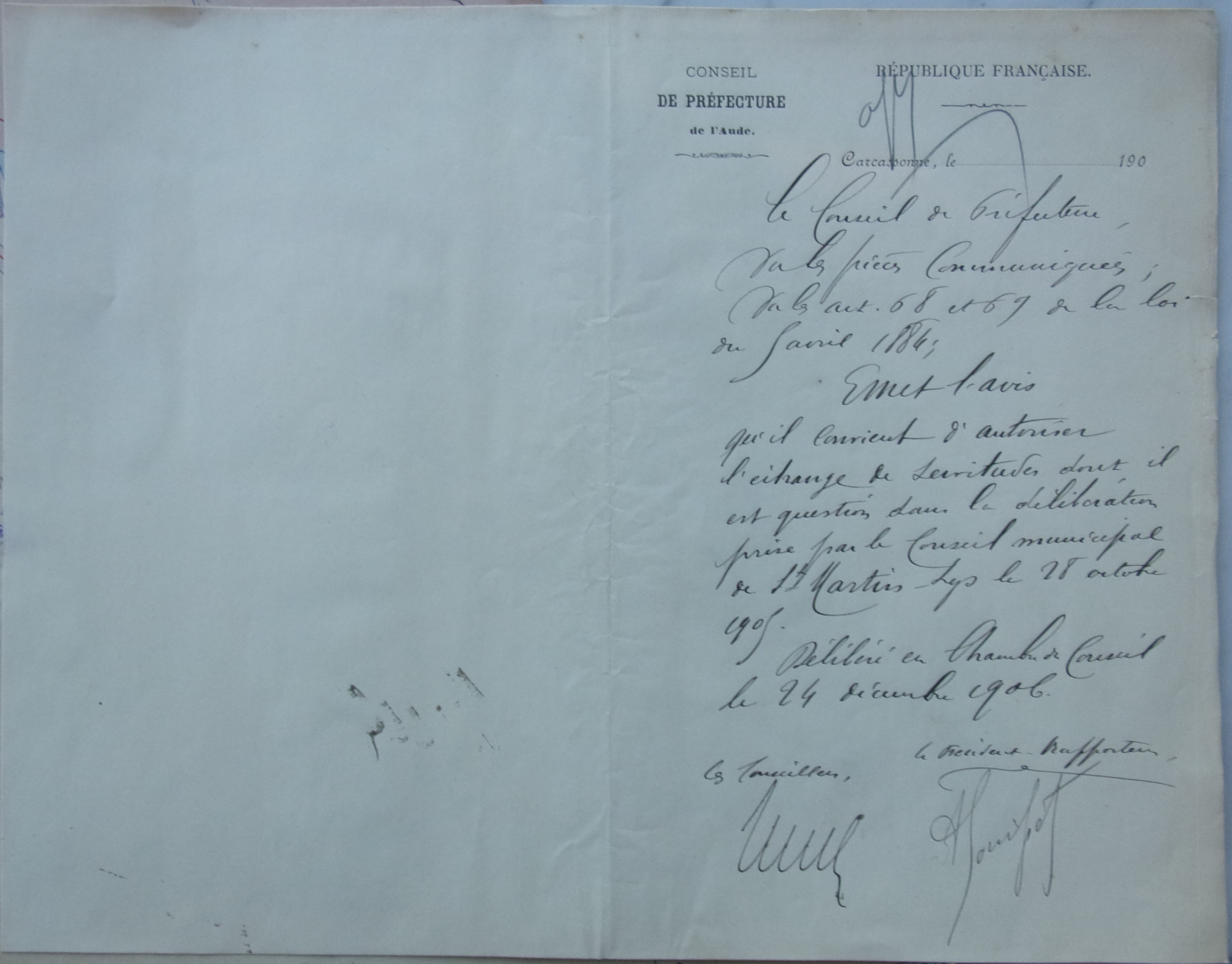 24 décembre 1906 - Conseil de préfecture avis favorable échange de servitude Eclairage public