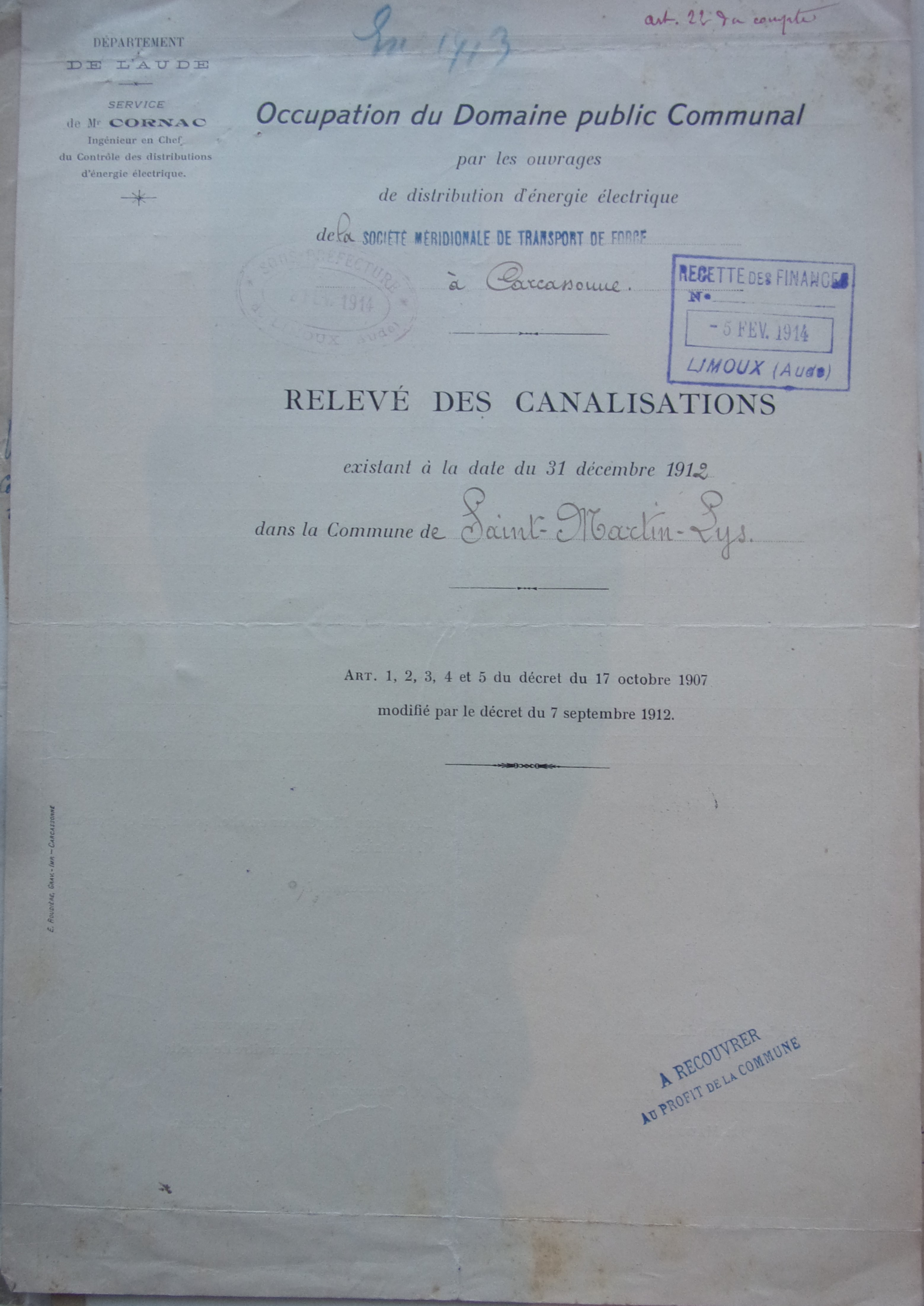 23 janvier 1914 - Relevé des canalisation existant au 31-12-1912 par la société méridionale de transport de force p1