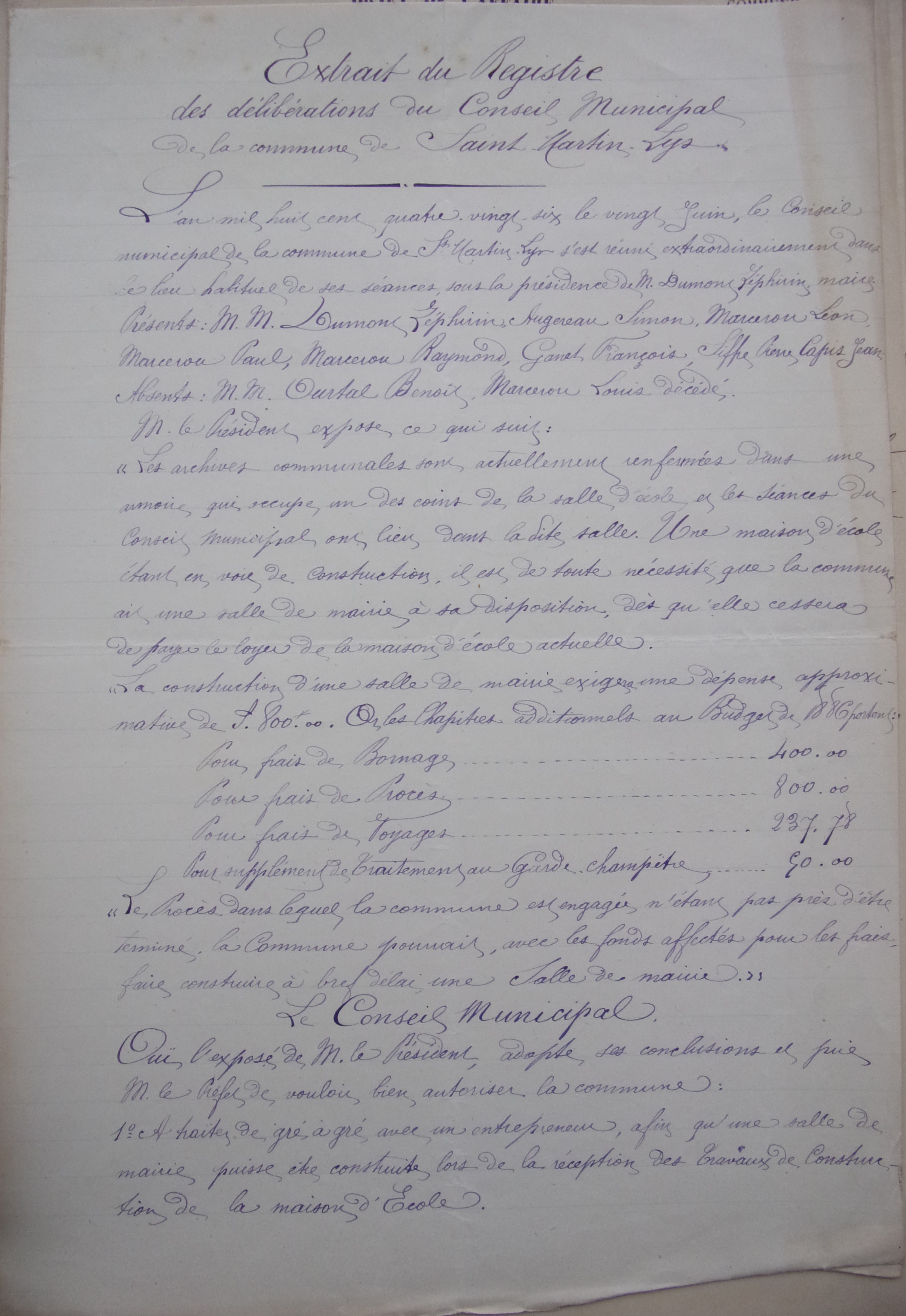 20 juin 1886 - délibération conseil Construction d'une salle de mairie p1