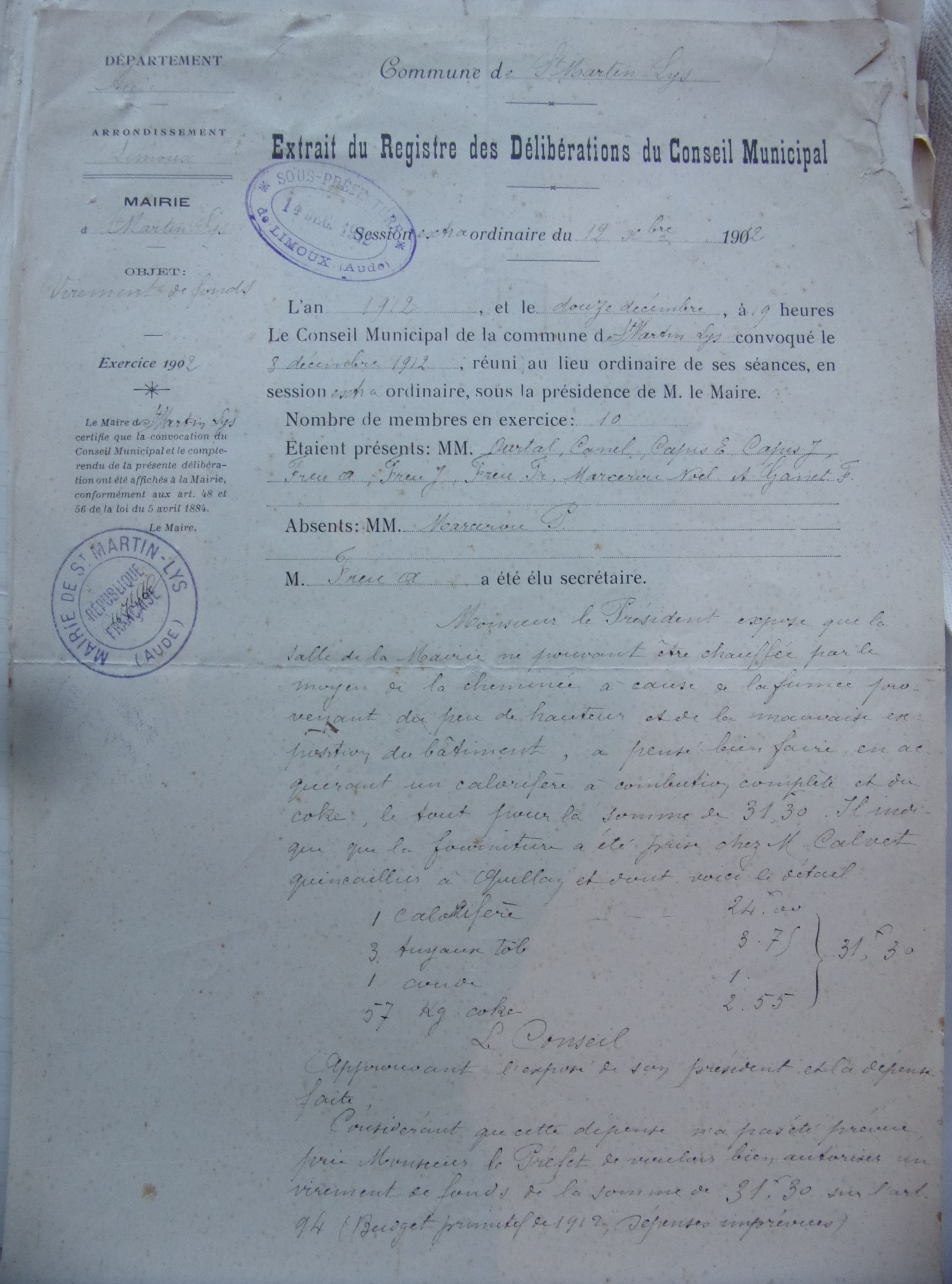 12 décembre 1912 - délibération conseil Achat calorifère pour mairie Virement de fonds p1