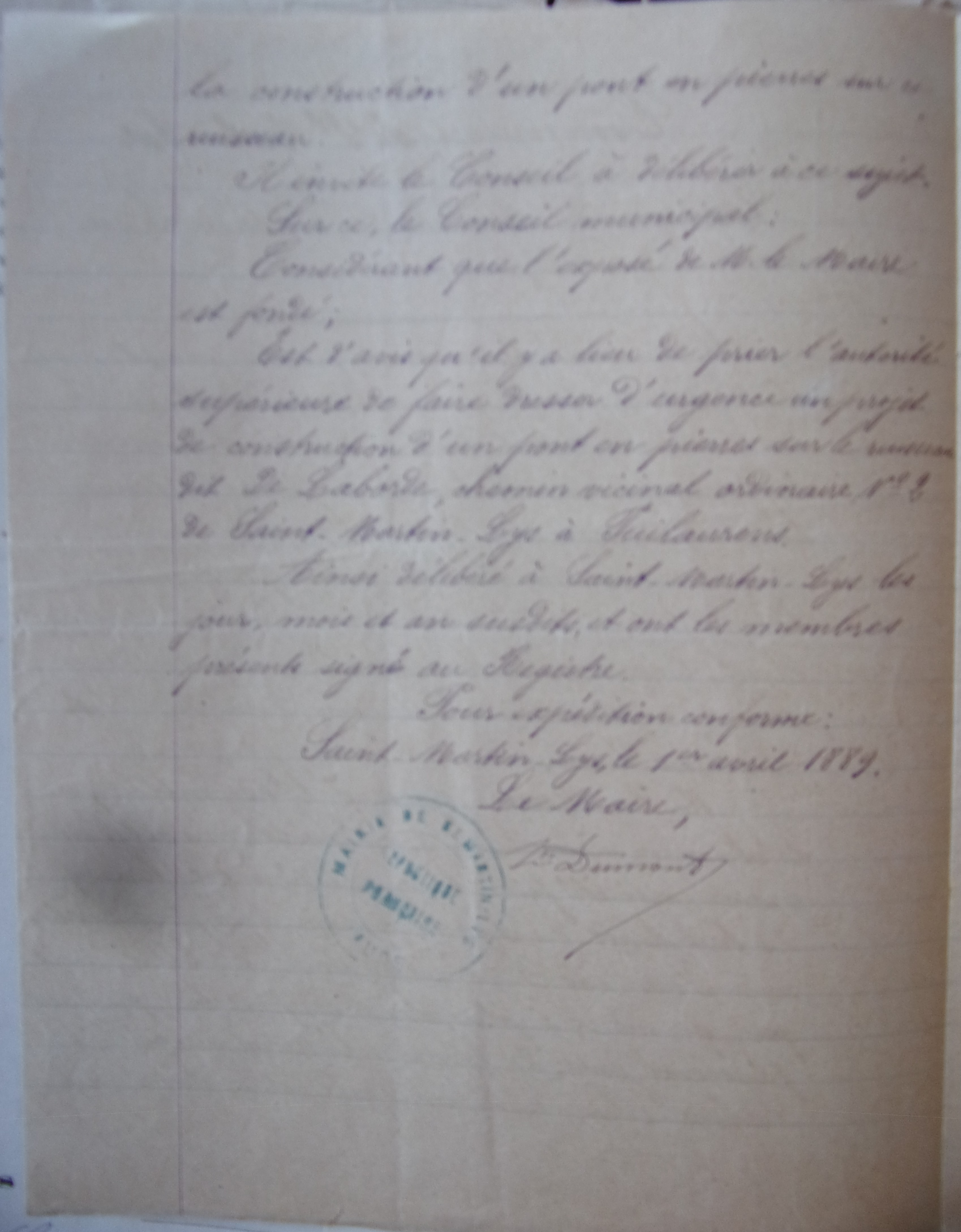 18890210 délibération conseil  Chemin Vicinal 2 Pont sur ruisseau de La borde p2 100_9490