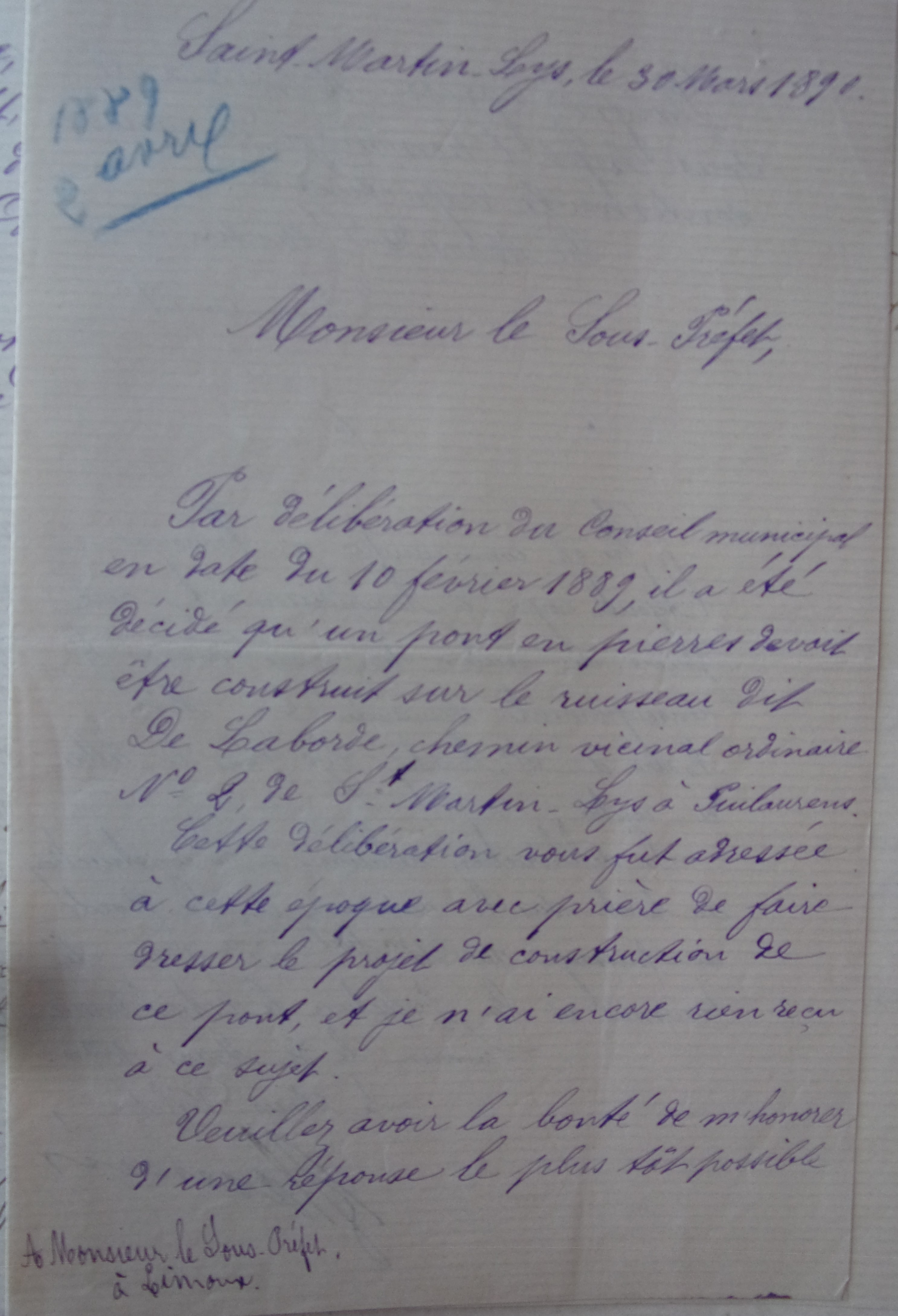 18900330 Maire à sous préfet Chemin Vicinal 2 Pont sur ruisseau de La borde p1 100_9487