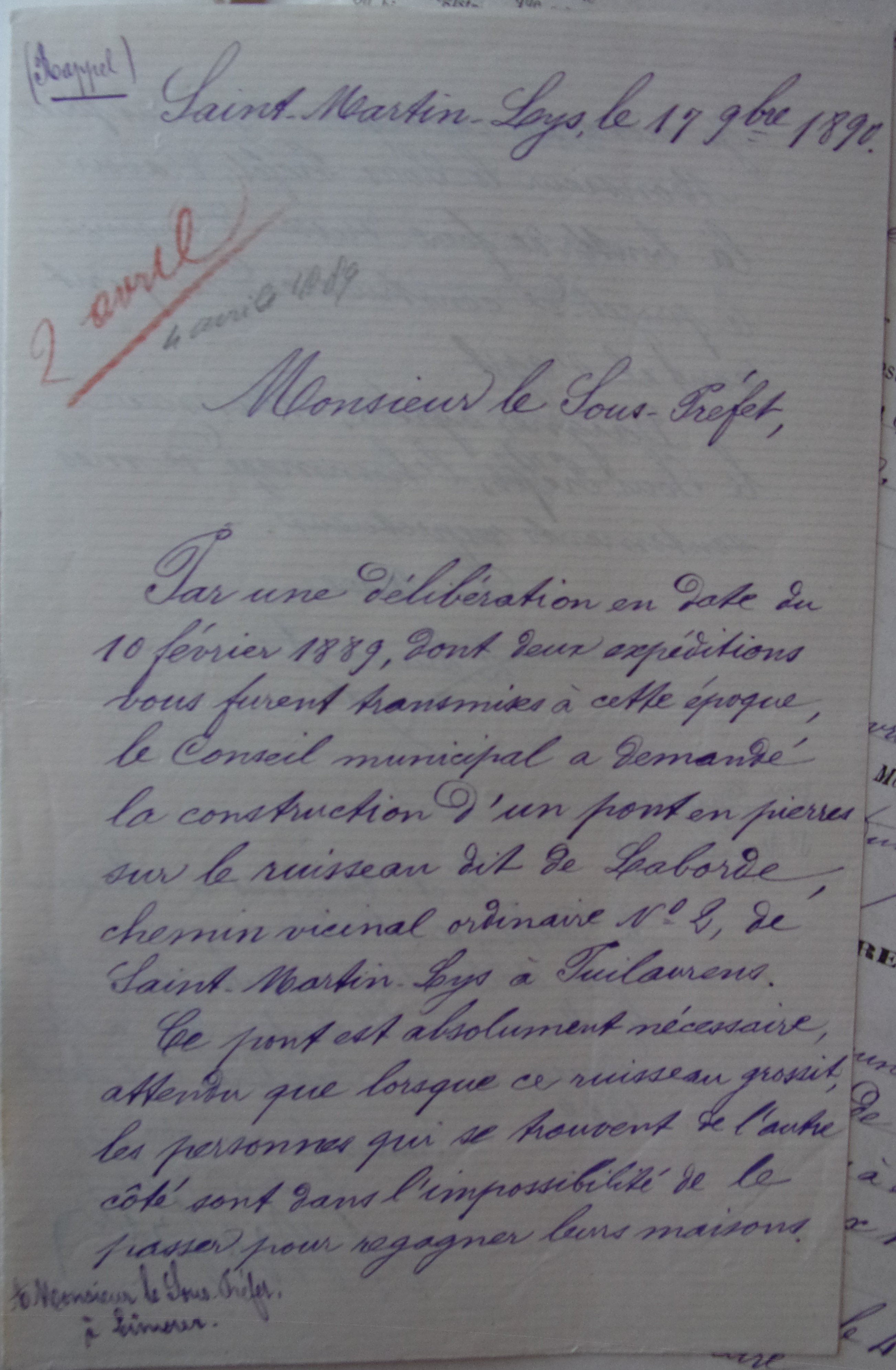 18901117 Maire à sous préfet Chemin Vicinal 2 Pont sur ruisseau de La borde p1 100_9484