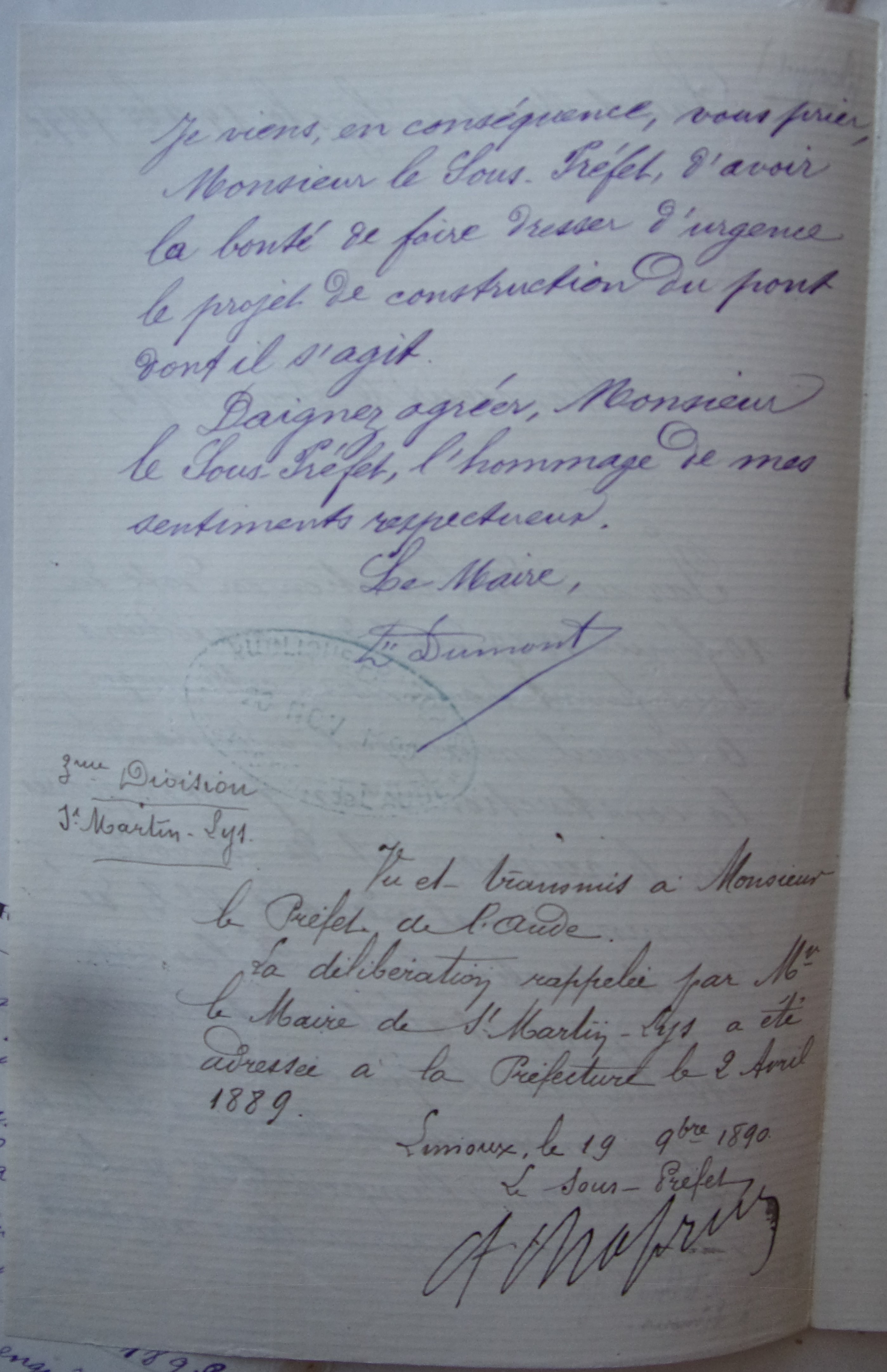 18901117 Maire à sous préfet Chemin Vicinal 2 Pont sur ruisseau de La borde p2 100_9485