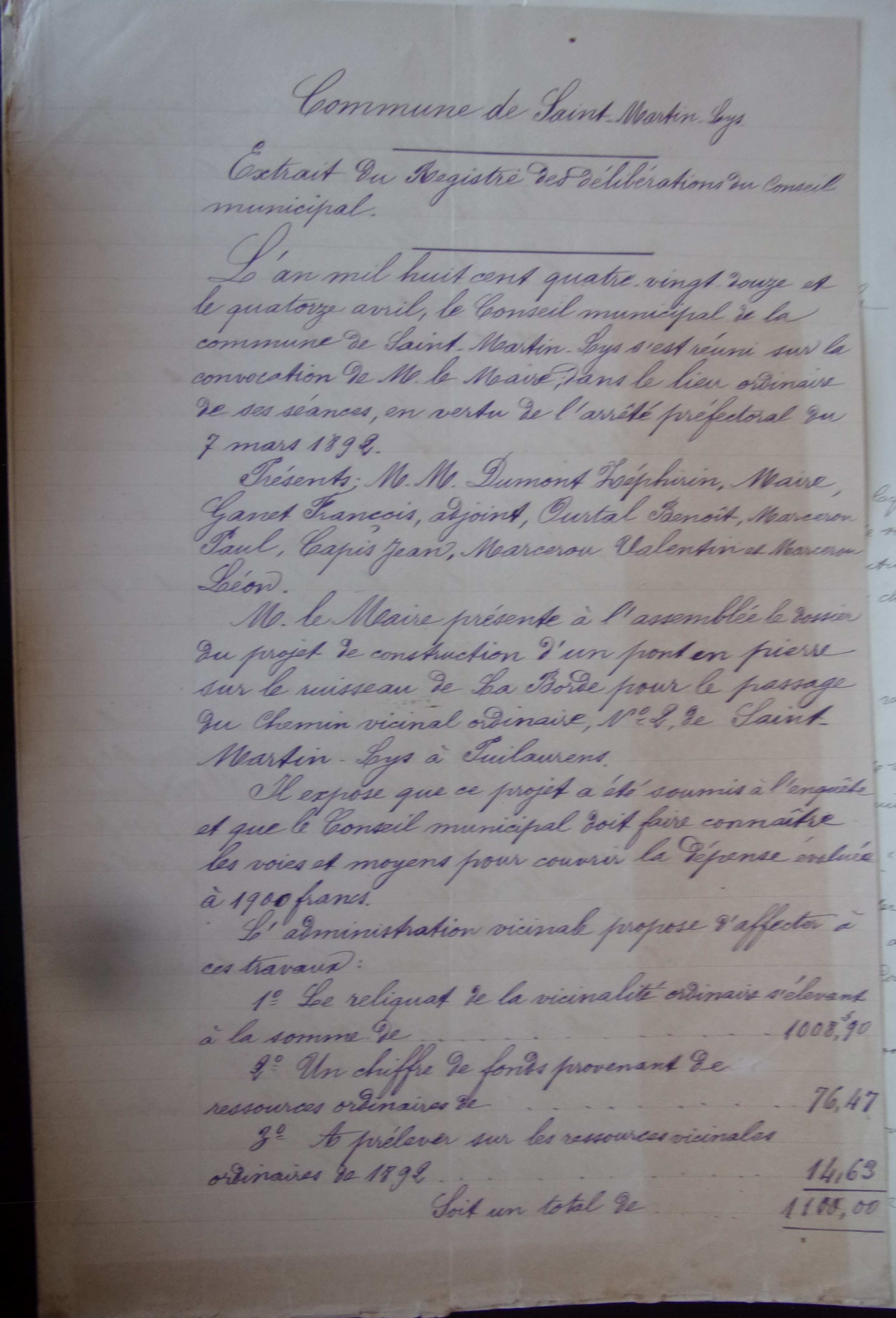 18920414 délibération conseil  Chemin Vicinal 2 Pont sur ruisseau de La borde p1 100_9492