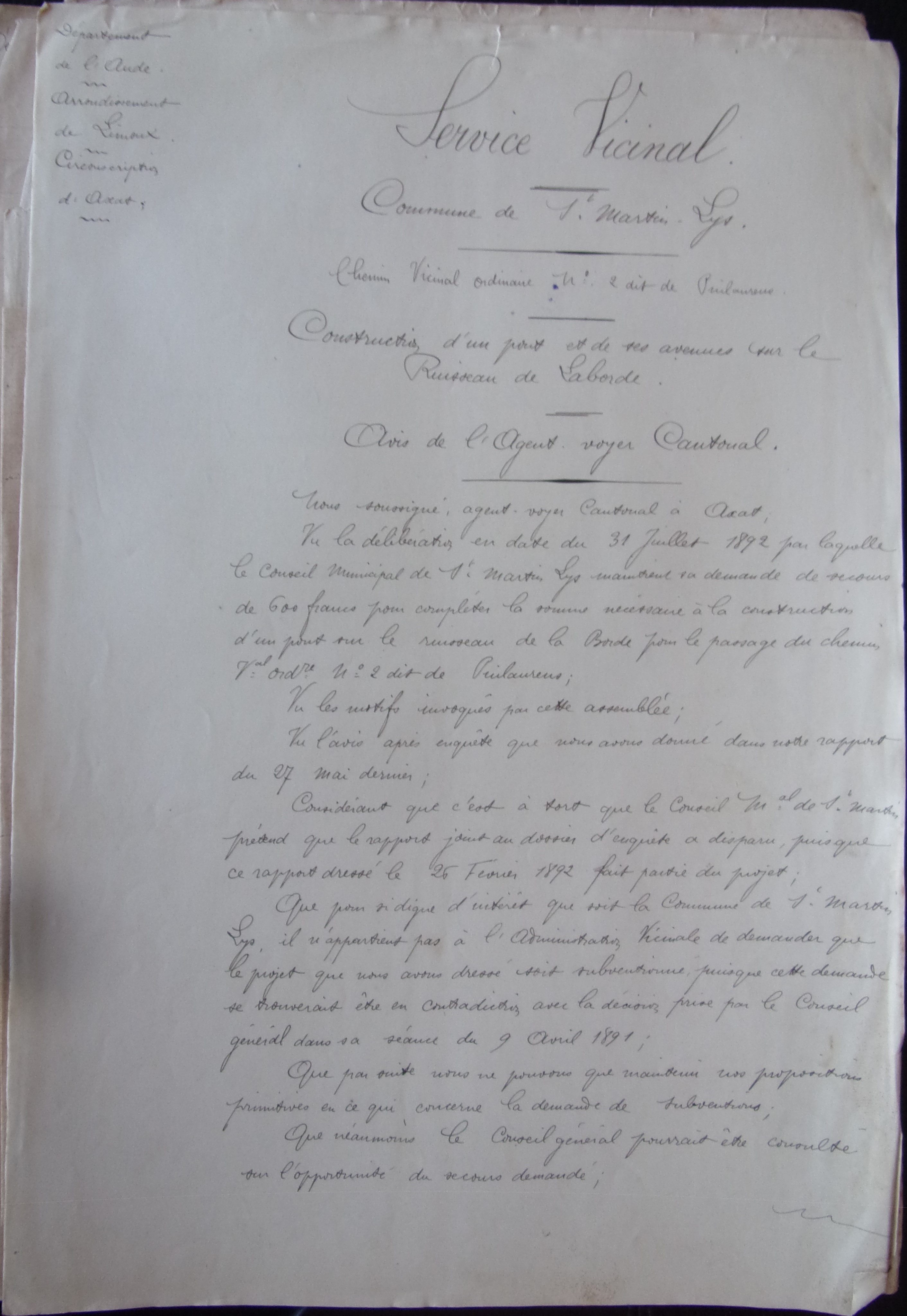 18920818 Avis de l'agent voyer cantonal Chemin Vicinal 2 Pont sur ruisseau de La borde p1 100_9495