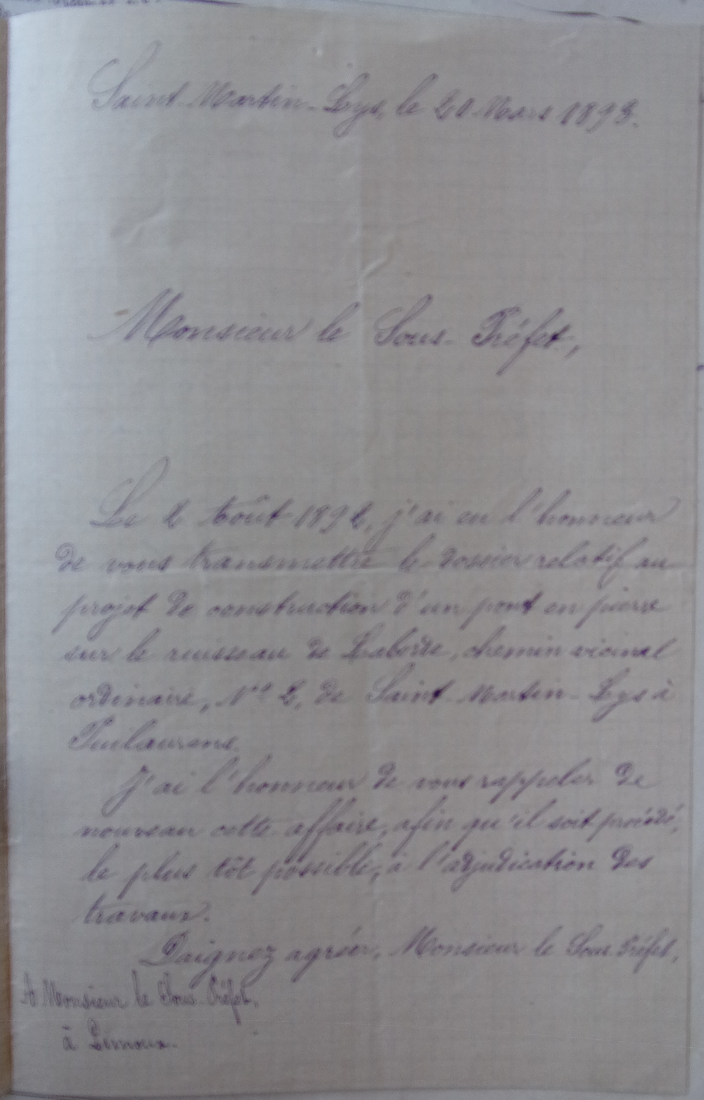 18930320 Maire à Sous-Préfet Chemin Vicinal 2 Pont sur ruisseau de La borde p1 100_9478