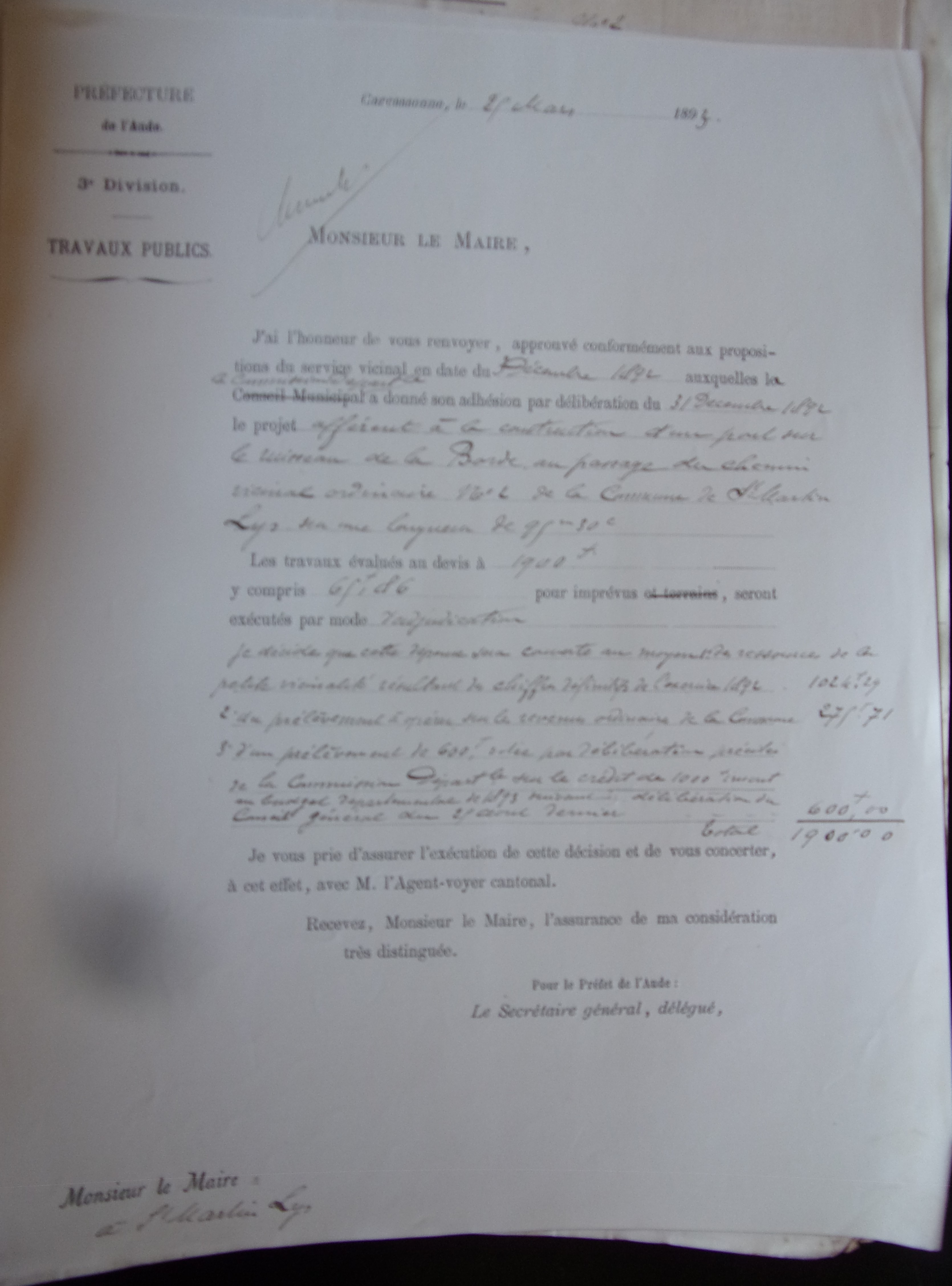 18930325 Préfecture au Maire Chemins Vicinaux Ordinaire 2 Pont sur ruisseau de La borde p1 100_9470