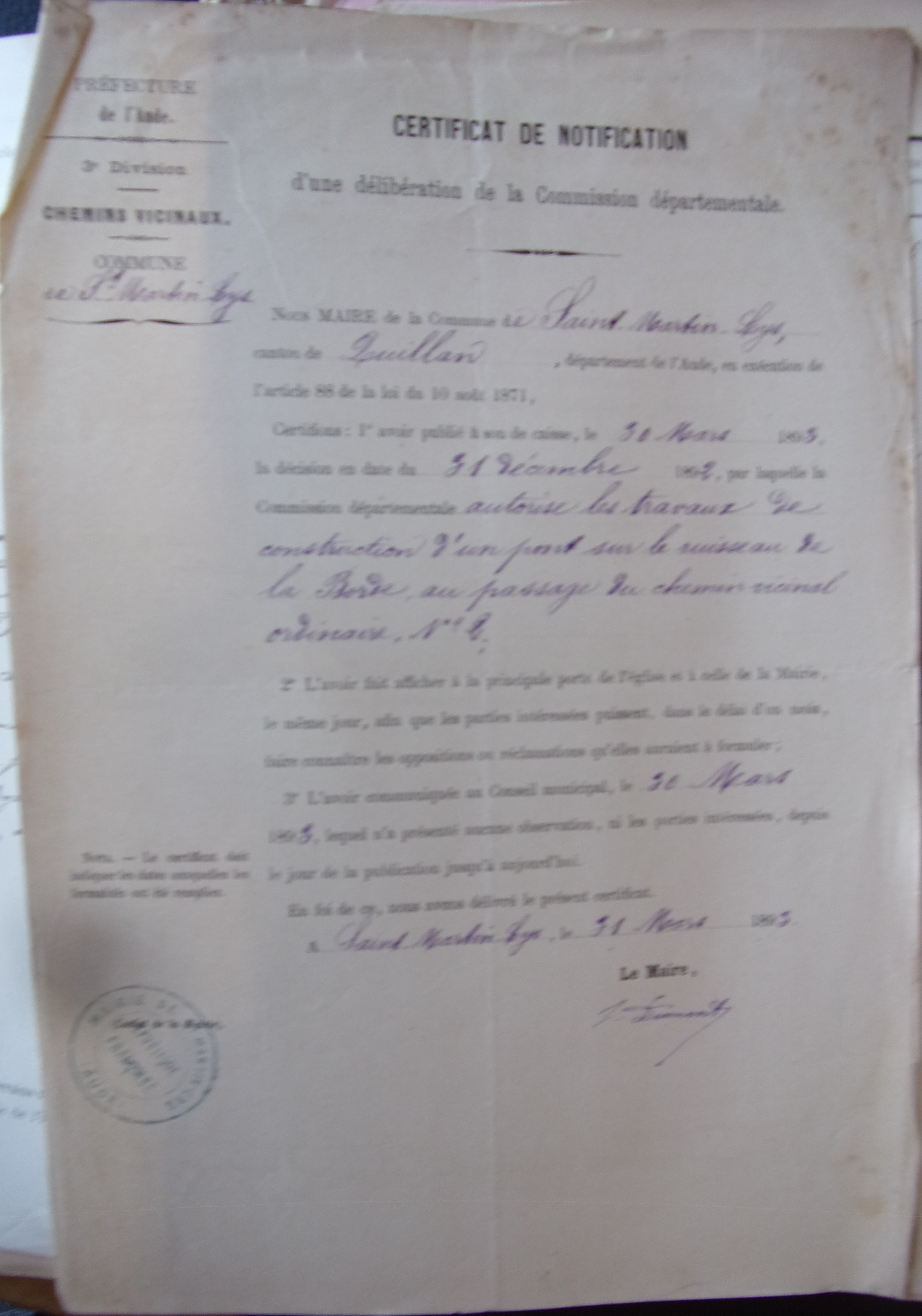 18930331 Commission départementale certif de notif Chemins Vicinaux Ordinaire 2 Pont sur ruisseau de La borde p1 100_9469