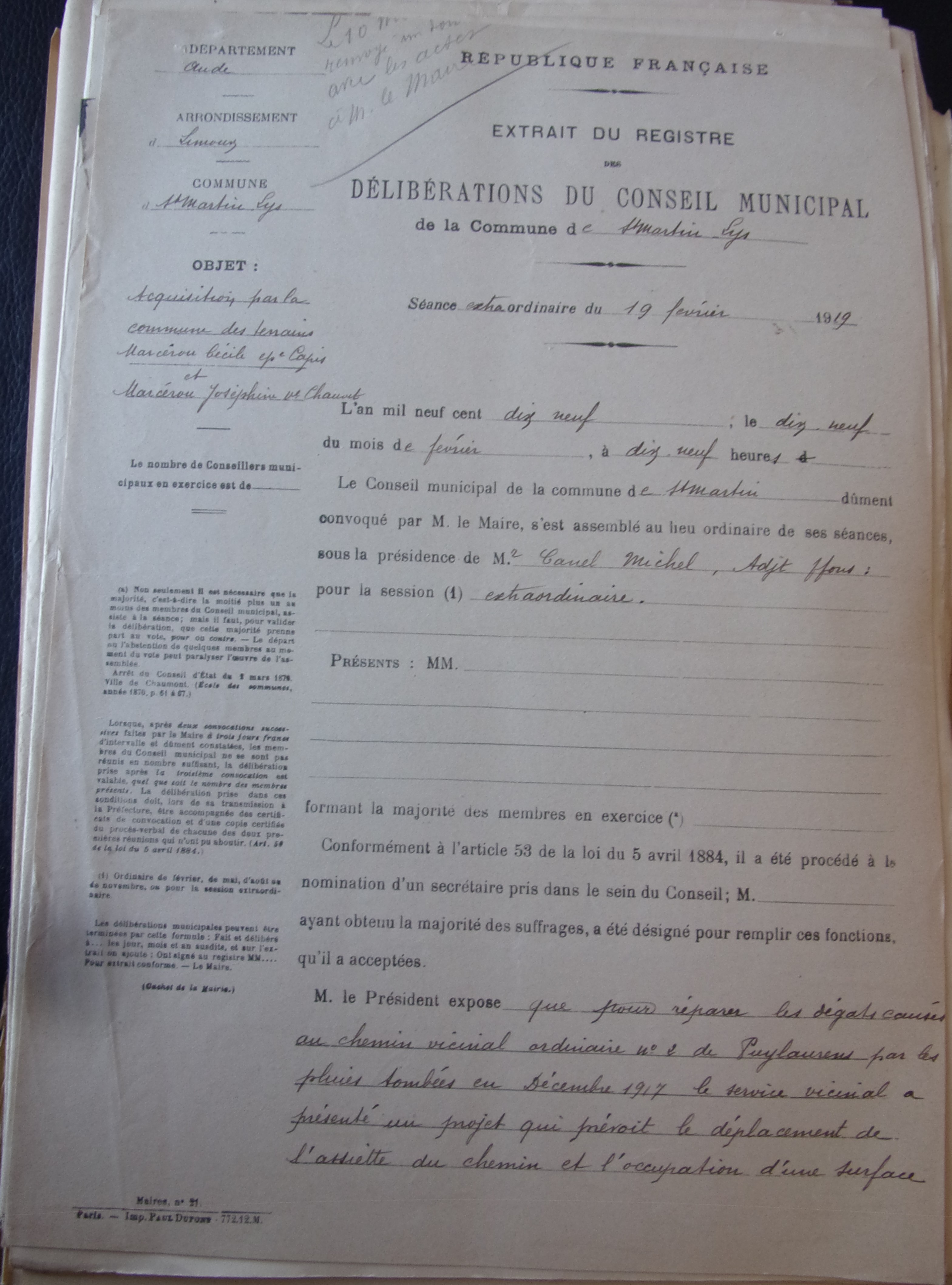 19190219 Acquisition par la commune des terrains Marcérou Cécile et Marcérou Josephine Réparation chemin vicinal 2 P1 100_9040